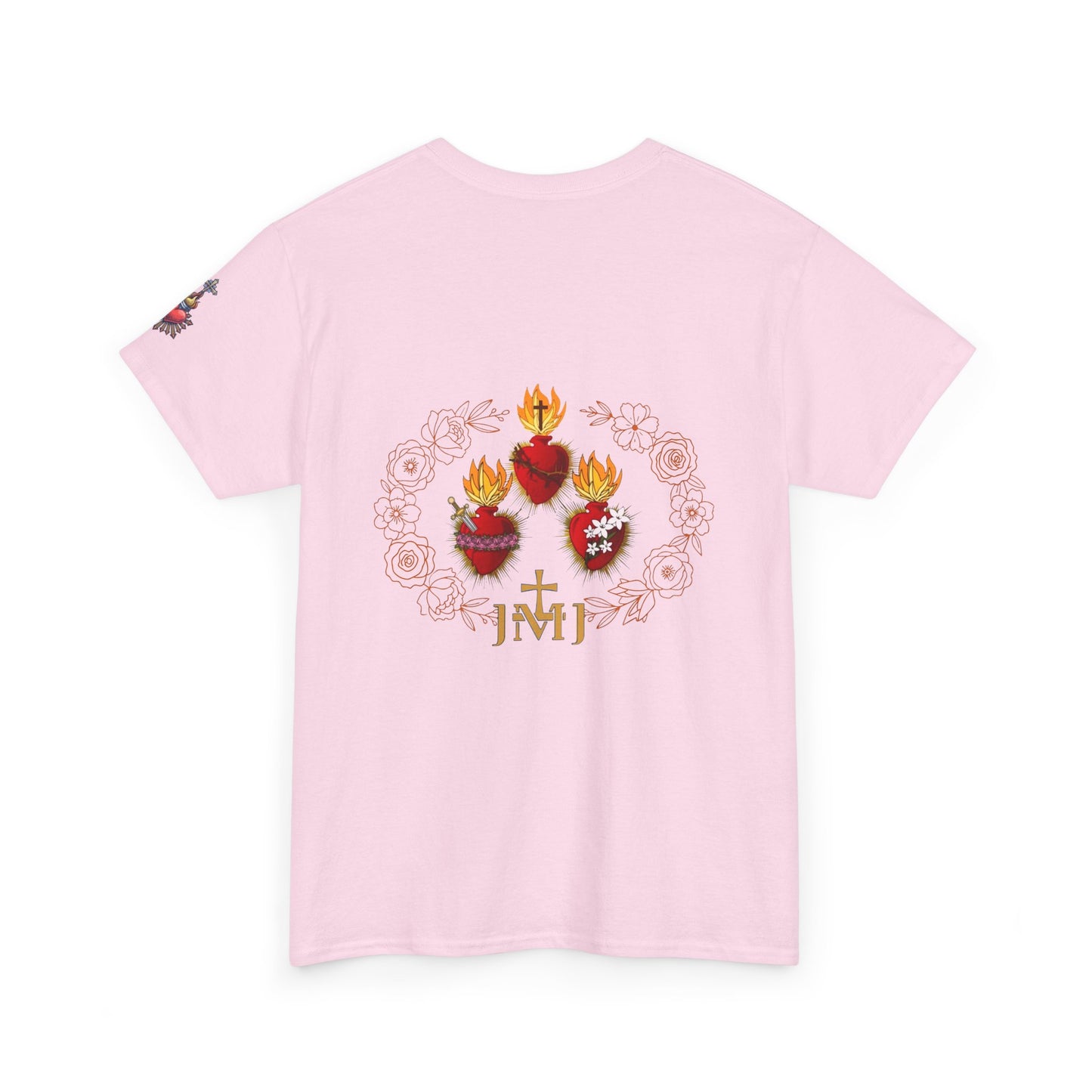 Sacred Hearts Tee — Three Flaming Hearts with JMJ Cross (CT)