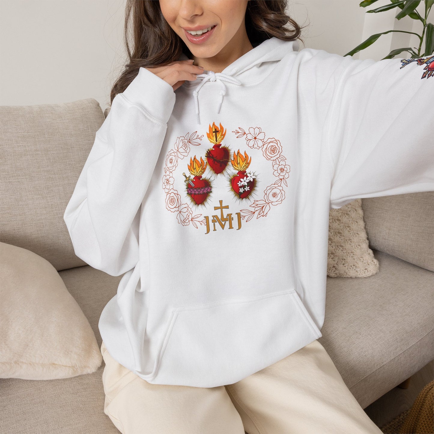 Sacred Hearts Hoodie — Three Flaming Hearts J.M.J. Devotional Sweatshirt (CT)