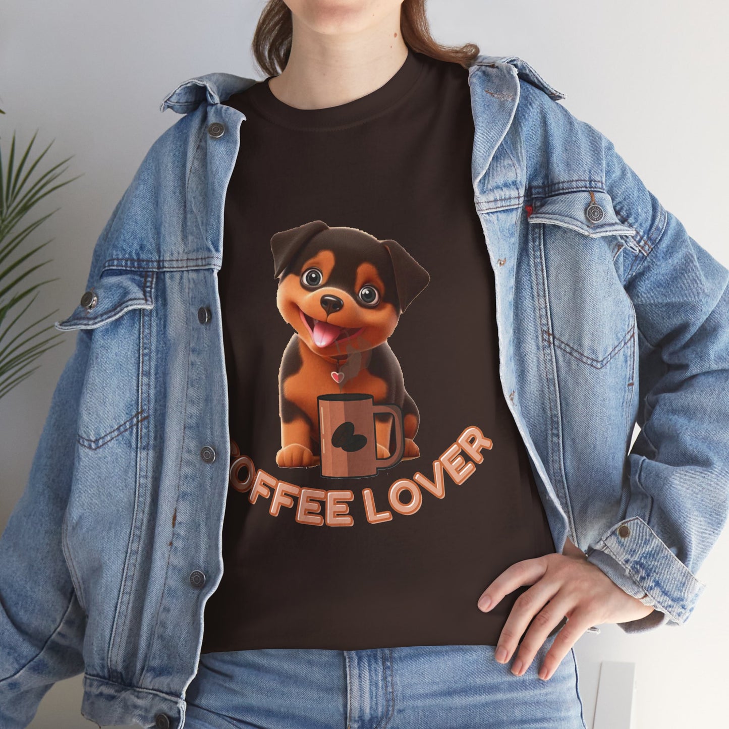 COFFEE LOVERS COTTON TEE for Dog Lovers. Person wearing a black t-shirt with a dog graphic and 'Coffee Lover' text, paired with a denim jacket.