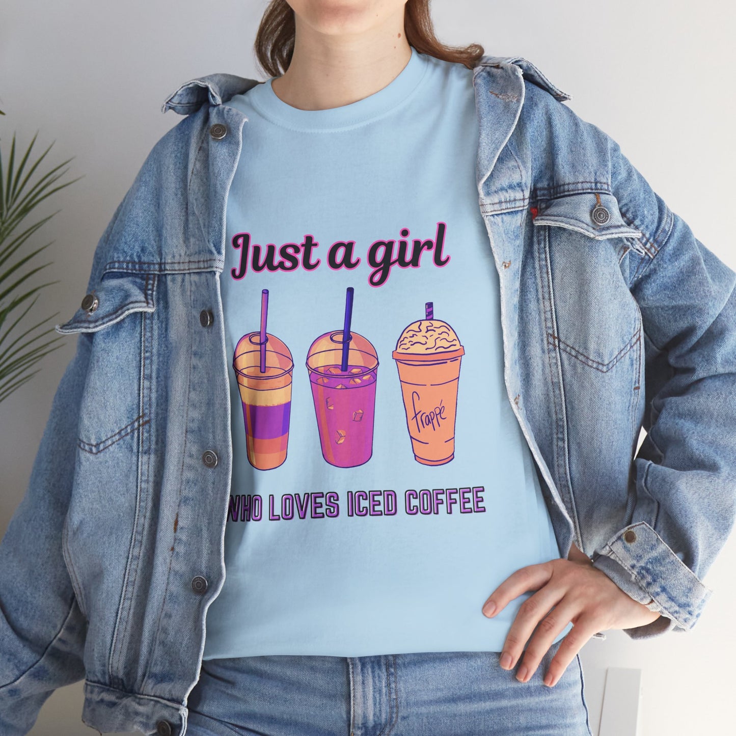 Coffee Lovers' Cotton Tee - Just a Girl Who Loves Iced Coffee, Person wearing a light blue t-shirt with iced coffee graphic and text, paired with a denim jacket.