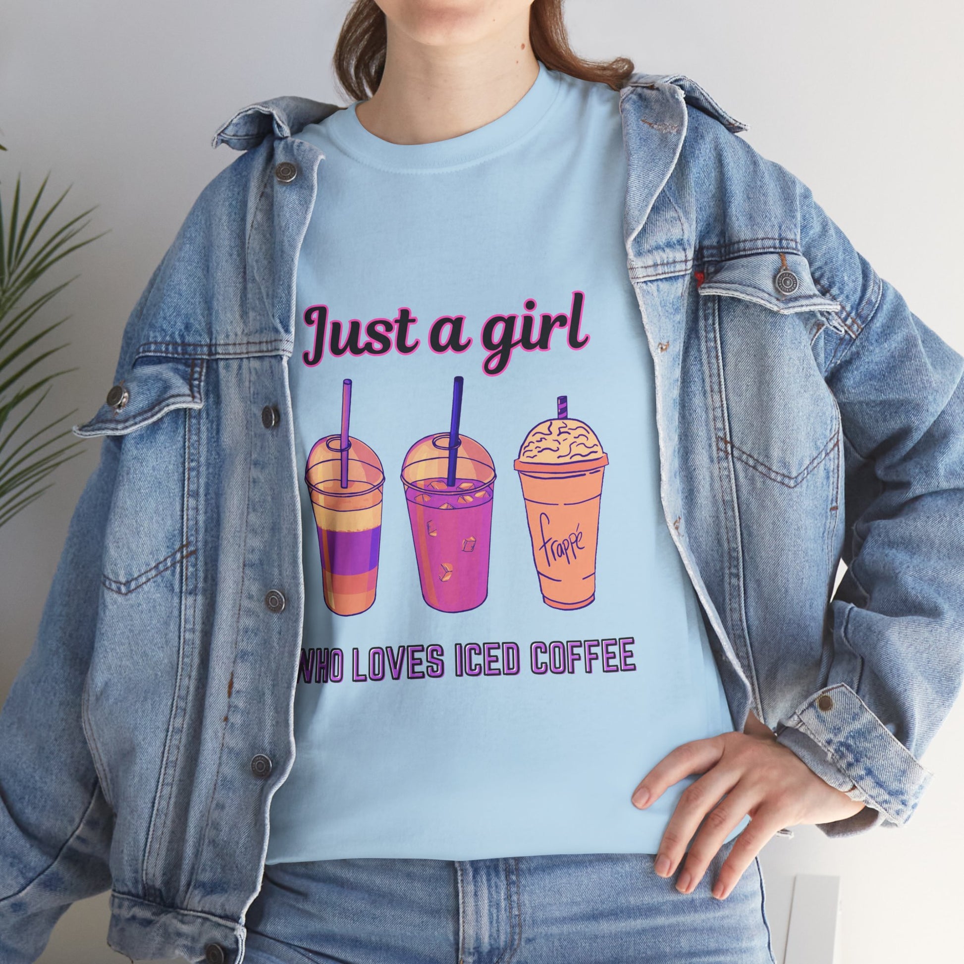 Coffee Lovers' Cotton Tee - Just a Girl Who Loves Iced Coffee, Person wearing a light blue t-shirt with iced coffee graphic and text, paired with a denim jacket.