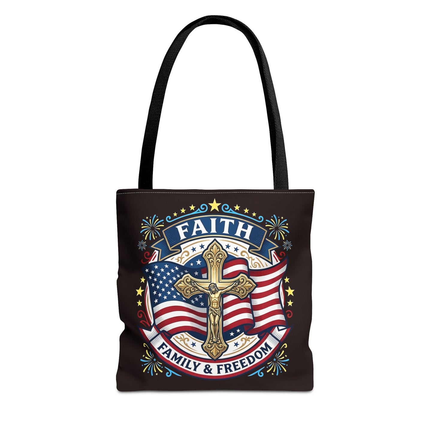 Faith, Family & Freedom Cross Bag — Patriotic American Flag Canvas Tote (USA 250th)