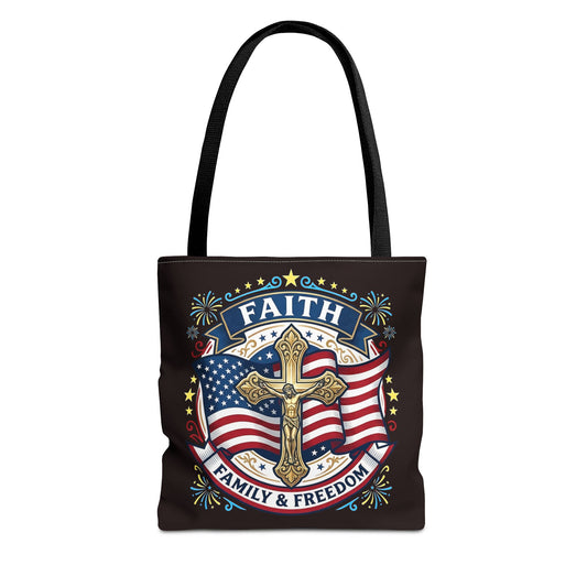 Faith, Family & Freedom Cross Bag — Patriotic American Flag Canvas Tote (USA 250th)