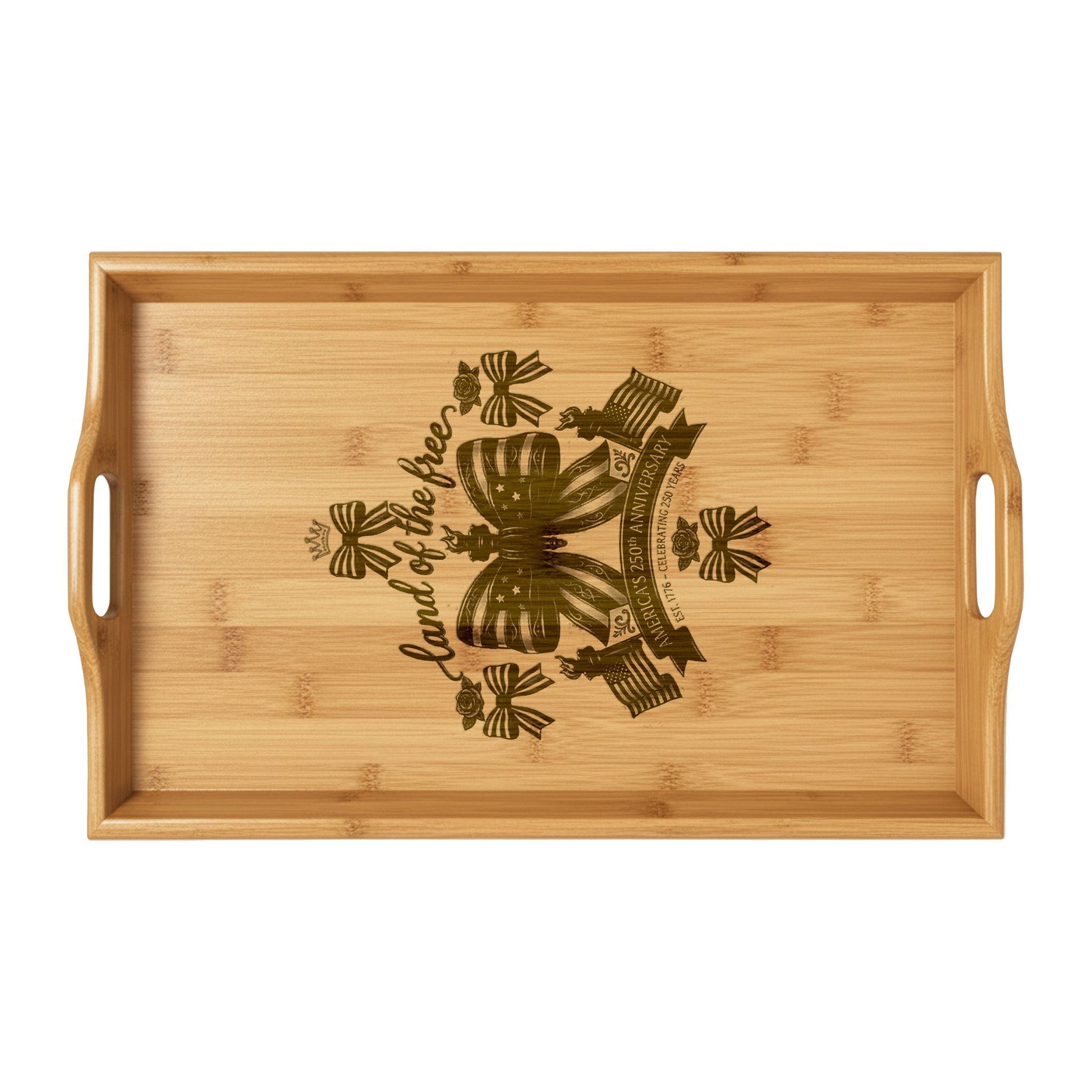 USA 250th ANNIVERSARY Engraved Bamboo Serving Tray — 'Land of the Free' Design - Trending Novelties & Gifts