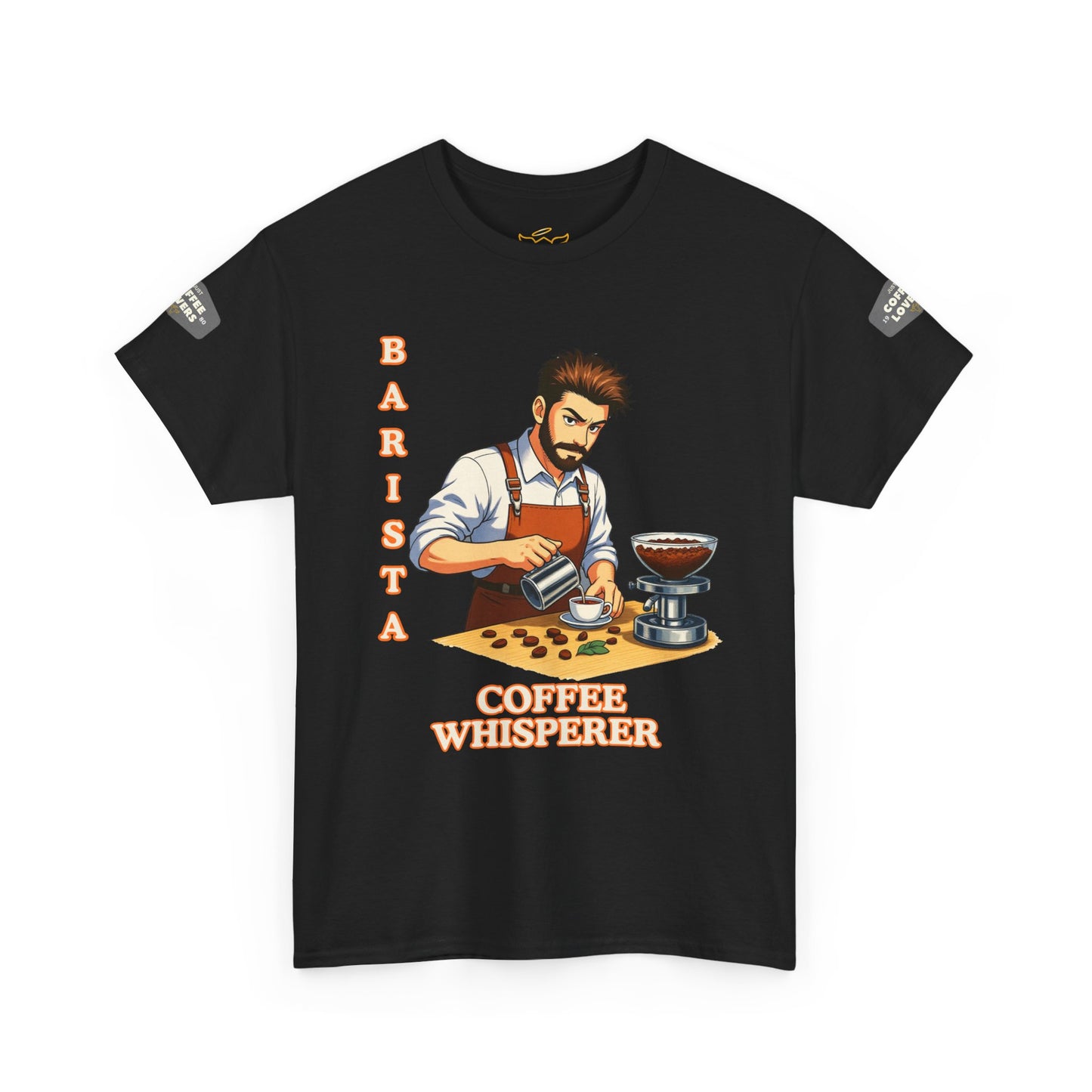 Coffee Lovers Cotton Tee for Male Barista,  Black t-shirt with a graphic of a barista and 'Barista Coffee Whisperer' text on a white background