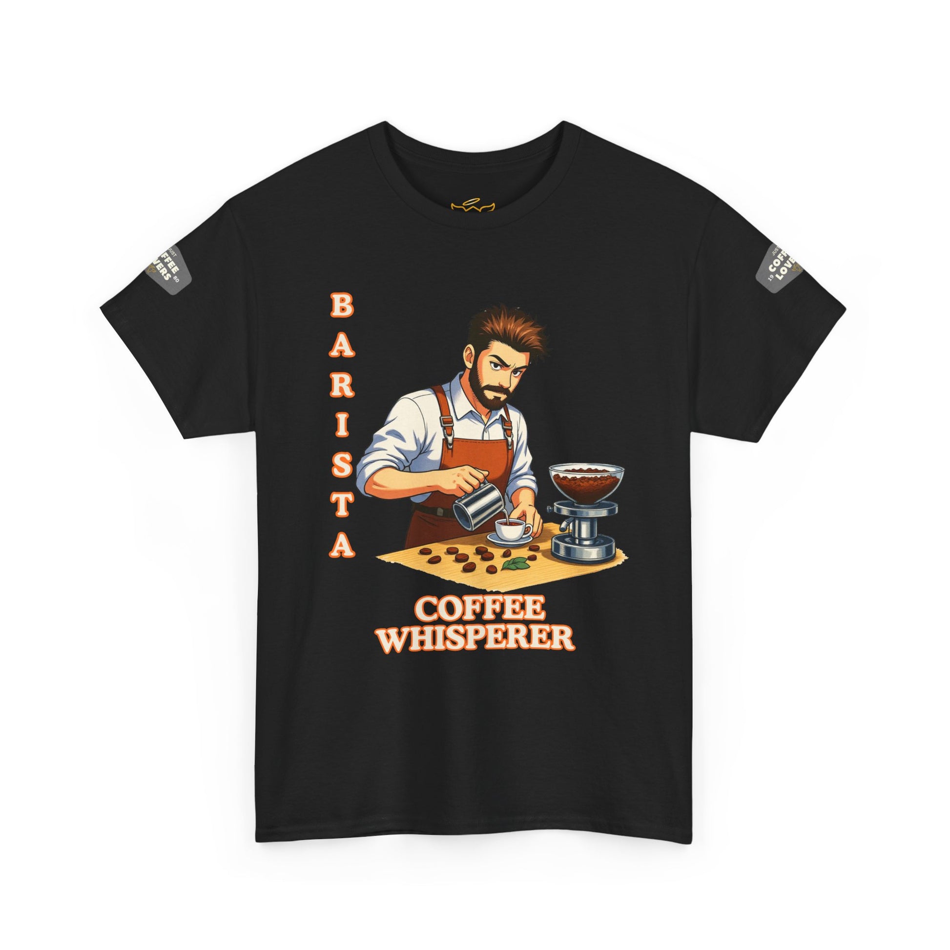 Coffee Lovers Cotton Tee for Male Barista,  Black t-shirt with a graphic of a barista and 'Barista Coffee Whisperer' text on a white background