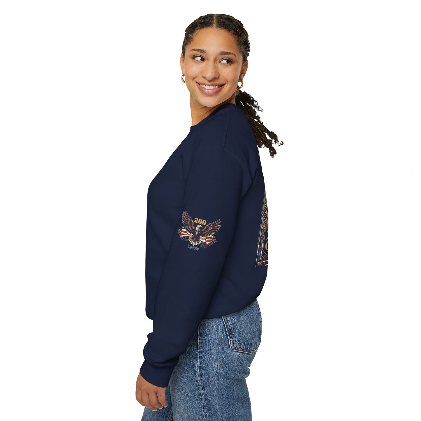 USA 250th ANNIVERSARY Crewneck Sweatshirt , Person wearing a navy blue sweatshirt with text on a white background