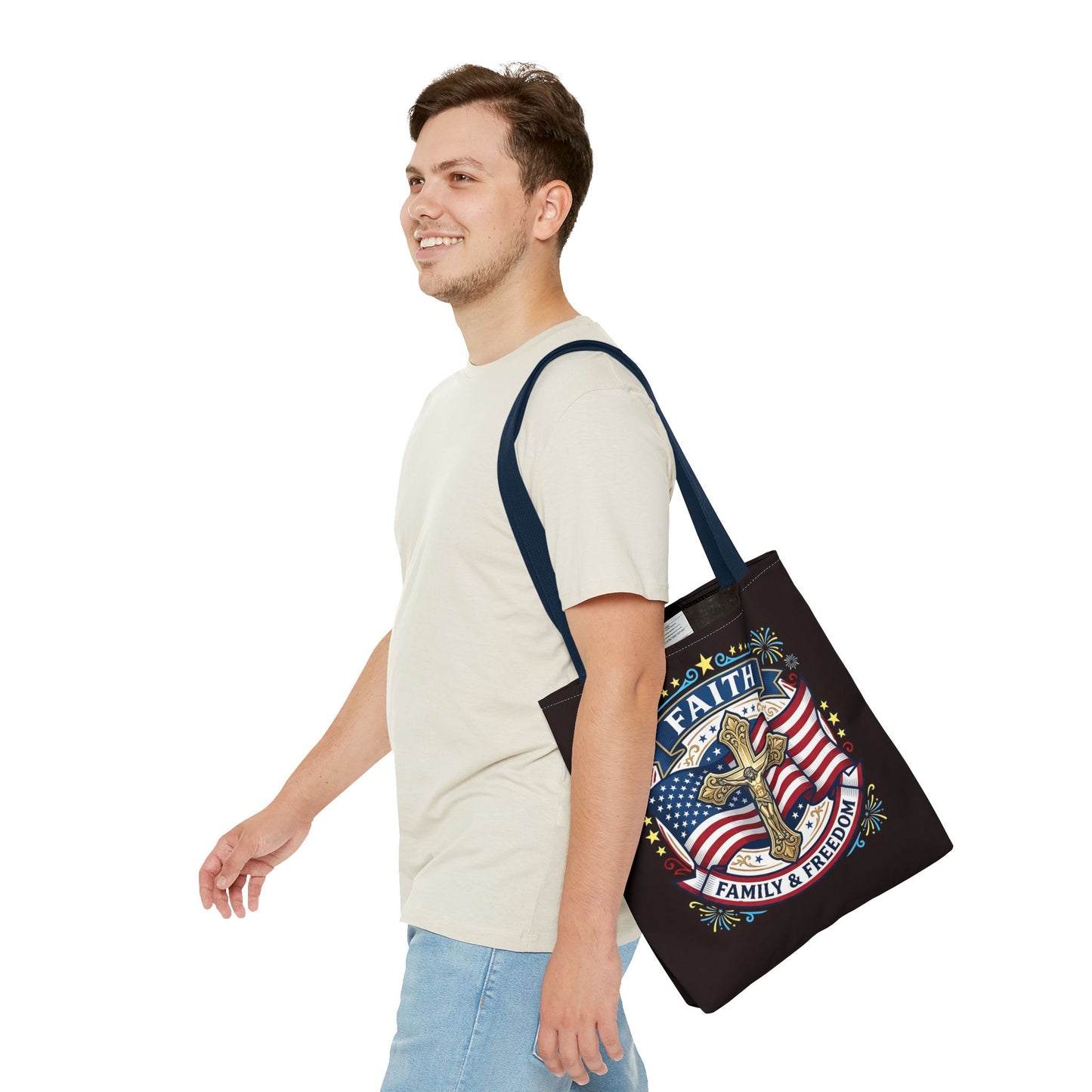 Faith, Family & Freedom Cross Bag — Patriotic American Flag Canvas Tote (USA 250th)