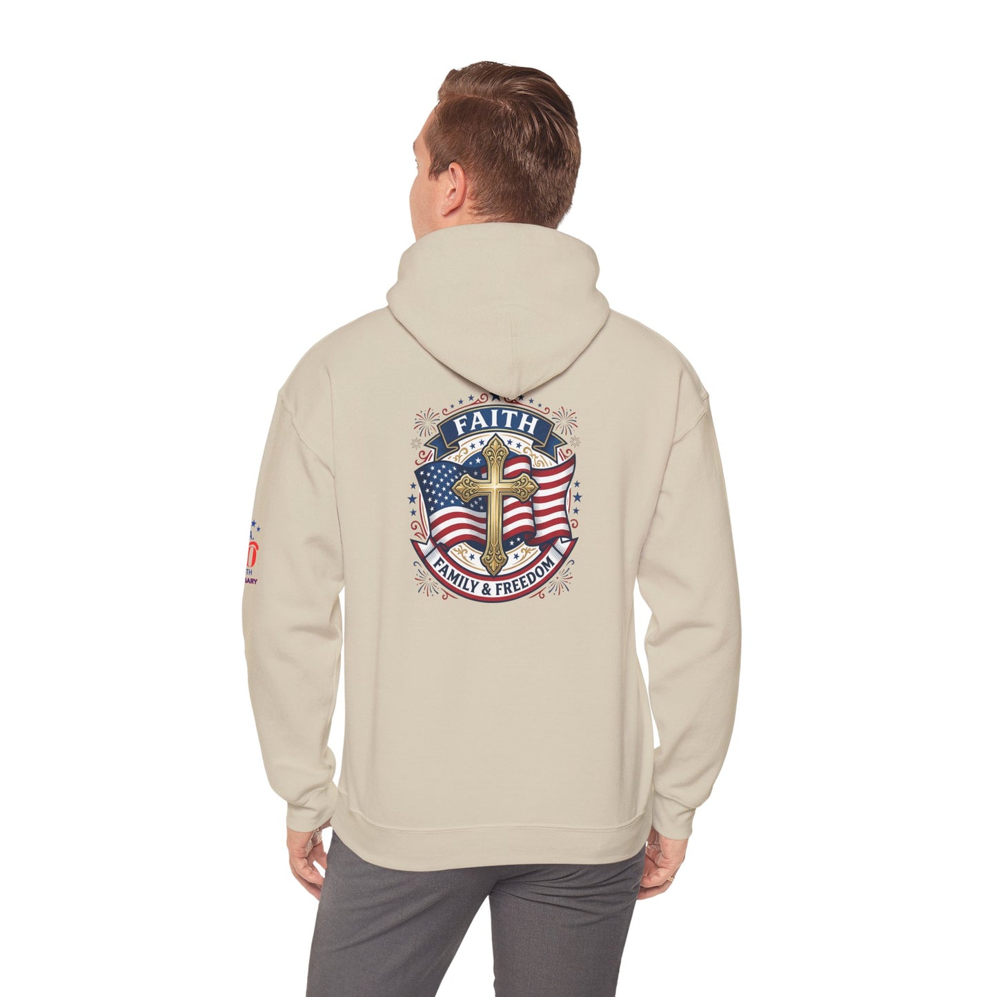 Faith, Family & Freedom Hoodie — Patriotic Cross American Flag Sweatshirt (USA 250th)