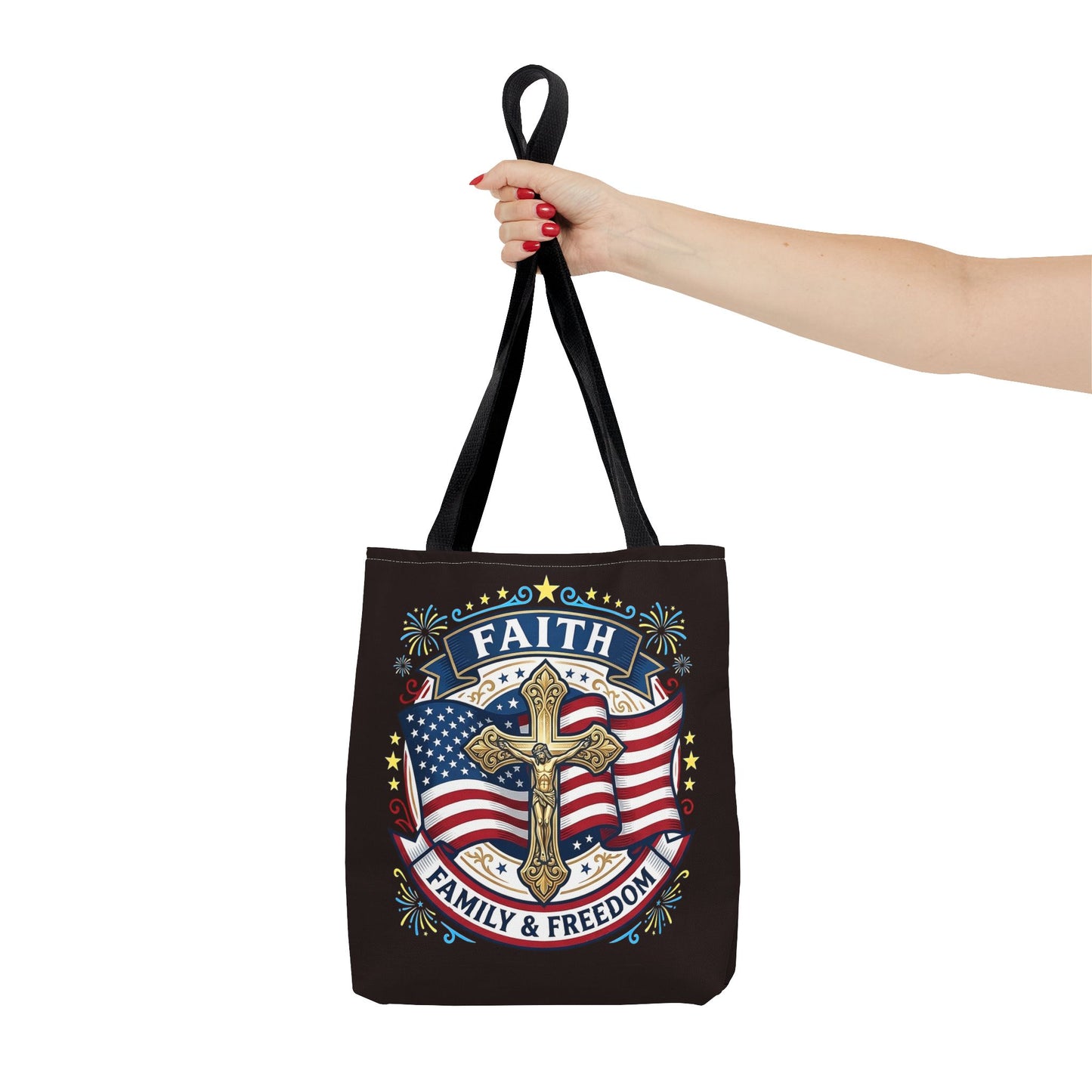 Faith, Family & Freedom Cross Bag — Patriotic American Flag Canvas Tote (USA 250th)