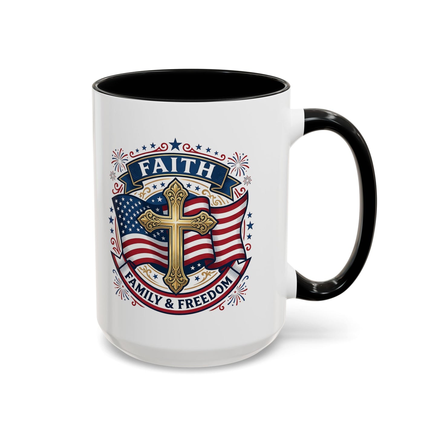 Faith, Family & Freedom Accent Coffee Mug — Patriotic Cross Mug  (USA 250th)