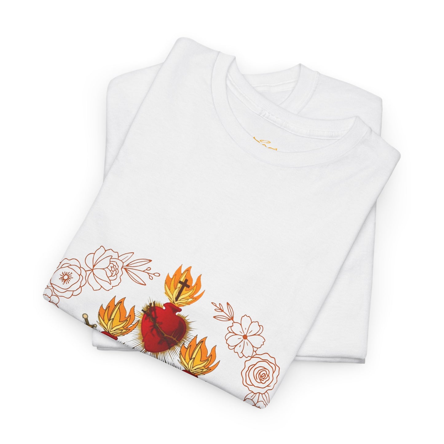 Sacred Hearts Tee — Three Flaming Hearts with JMJ Cross (CT)