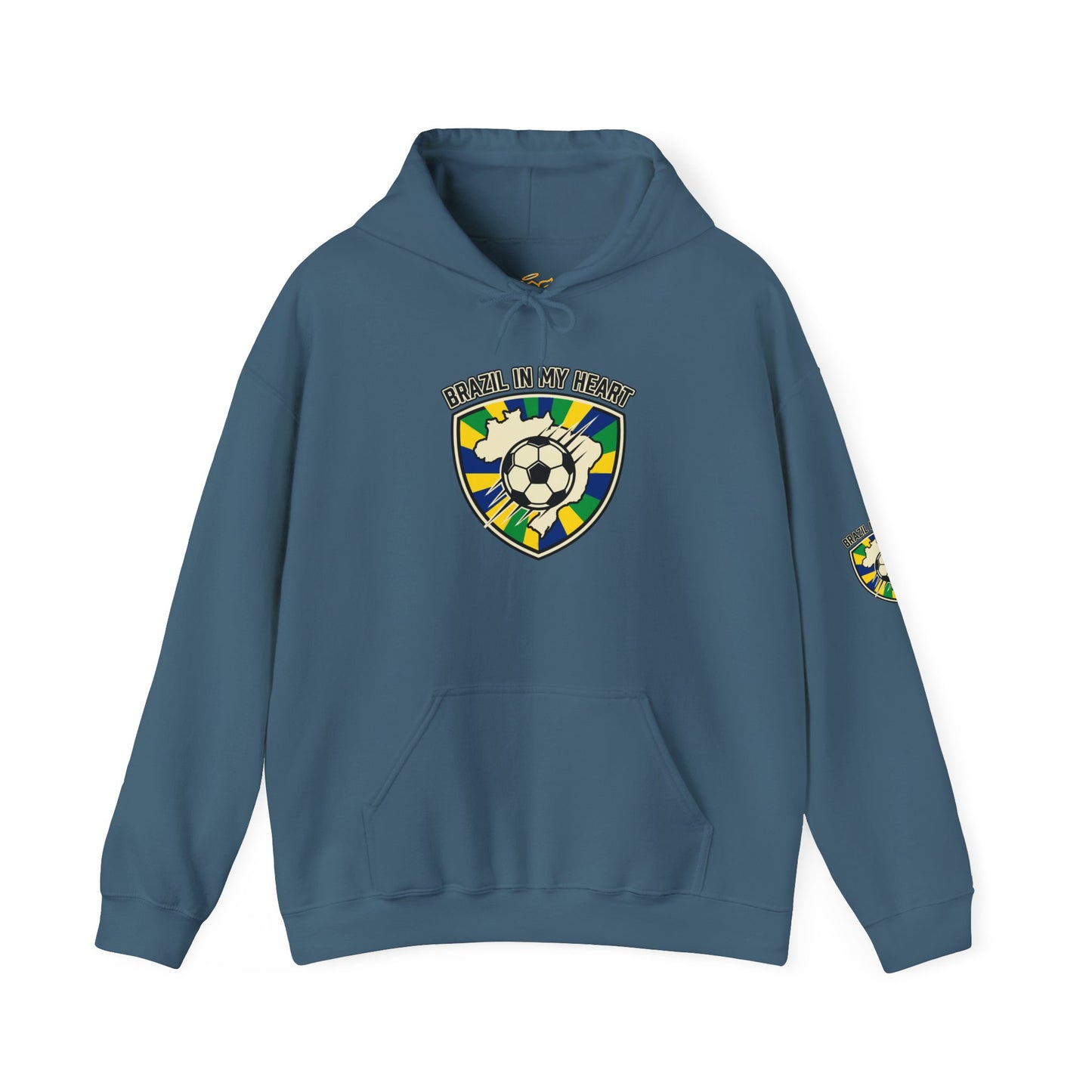 Navy blue hoodie with graphic design on a white background | Brazil Pride Shield Soccer Hoodie | Brazil retro soccer hoodie