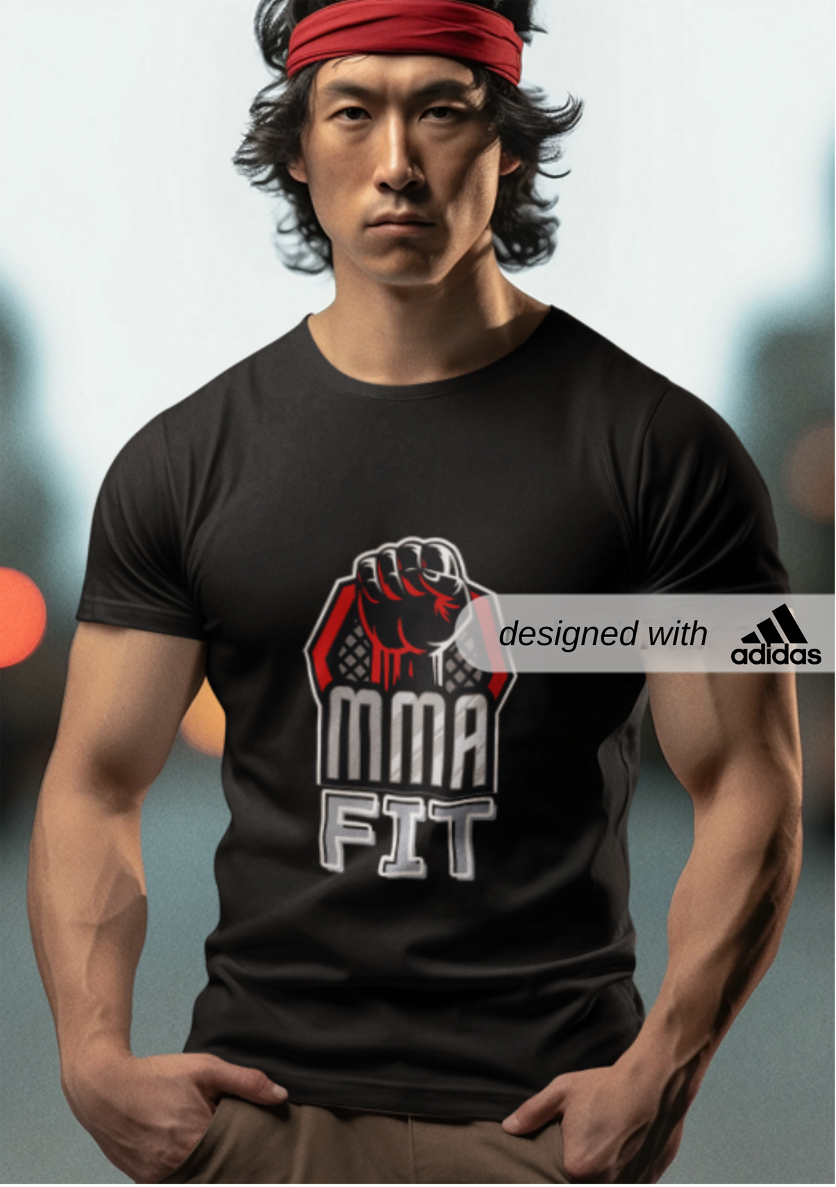 Adidas Sports Fleece Sweatshirt for MMA Fans, MMA FIGHTER SWEATSHIRTS, Man wearing a black t-shirt with MMA FIT design and Adidas logo.