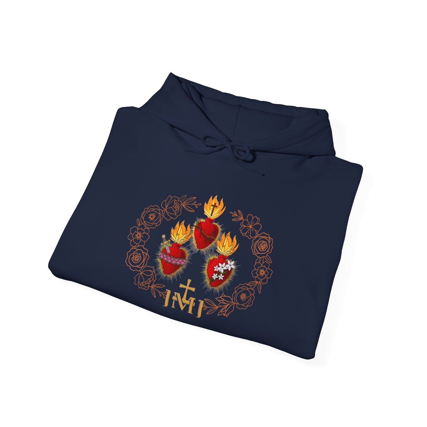 Sacred Hearts Hoodie — Three Flaming Hearts J.M.J. Devotional Sweatshirt (CT)