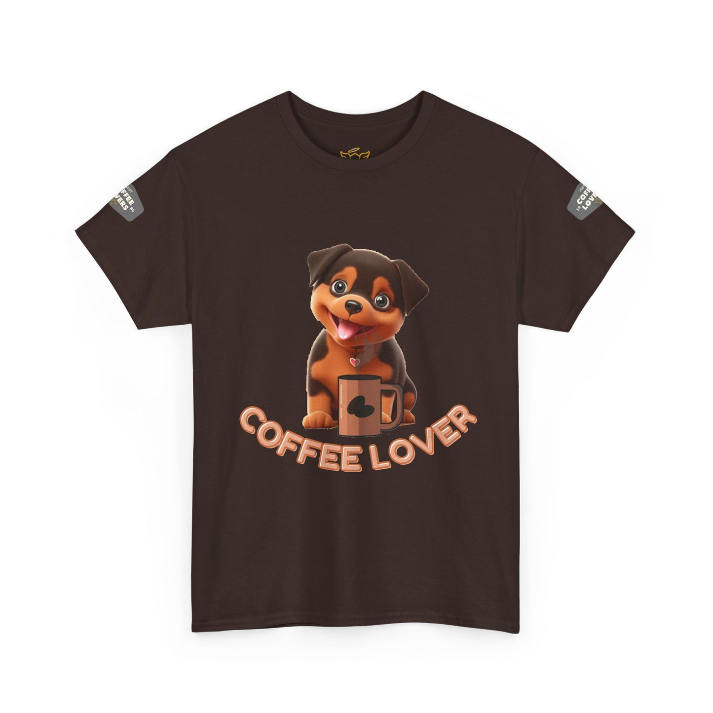 COFFEE LOVERS COTTON TEE for Dog Lovers. Brown t-shirt with a dog graphic and 'Coffee Lover' text on a white background