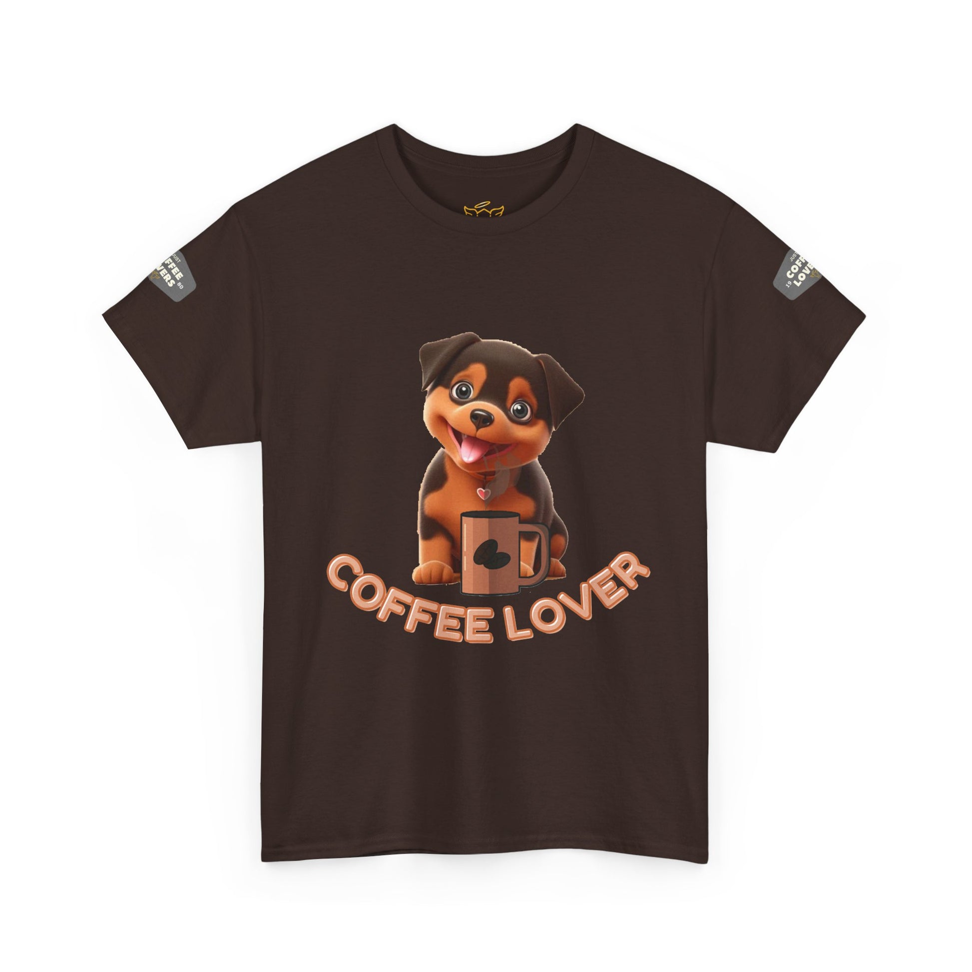 COFFEE LOVERS COTTON TEE for Dog Lovers. Brown t-shirt with a dog graphic and 'Coffee Lover' text on a white background