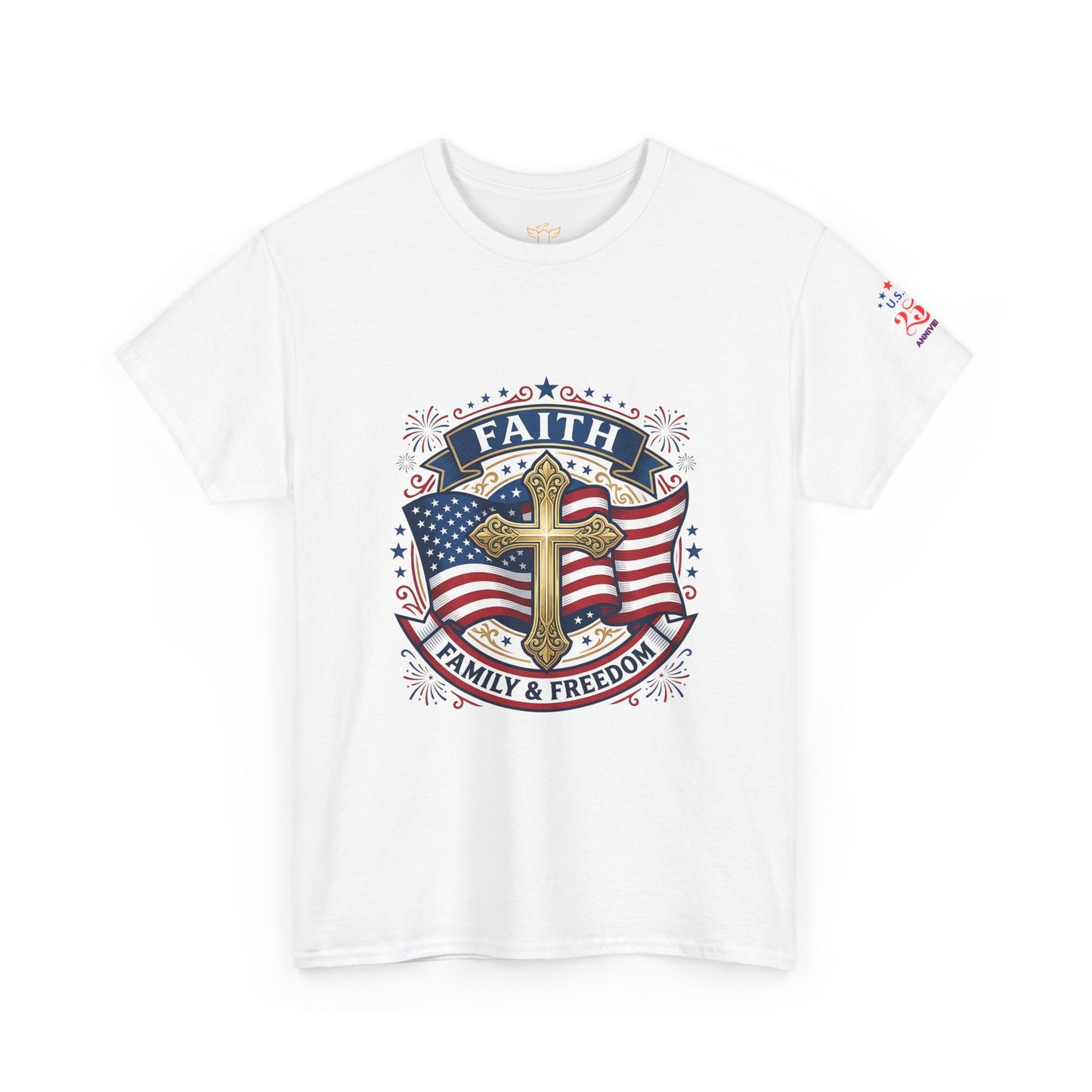 Faith, Family & Freedom Tee (USA 250th) — Patriotic Cross American Flag T-Shirt