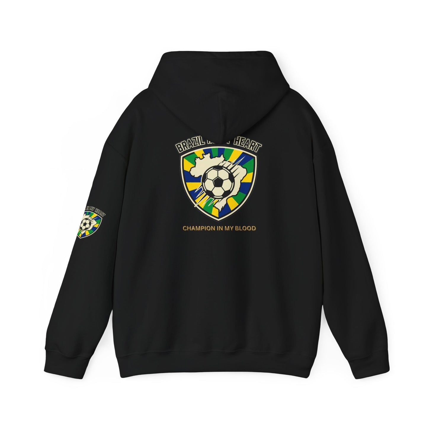 Black hoodie with a soccer-theme | Brazil Pride Shield Soccer Hoodie | Brazil retro soccer hoodie design on the back | 