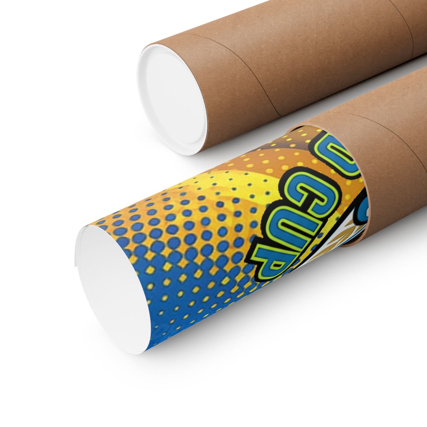 Cardboard tube with colorful packaging featuring the text 'JU CUP' on a white background