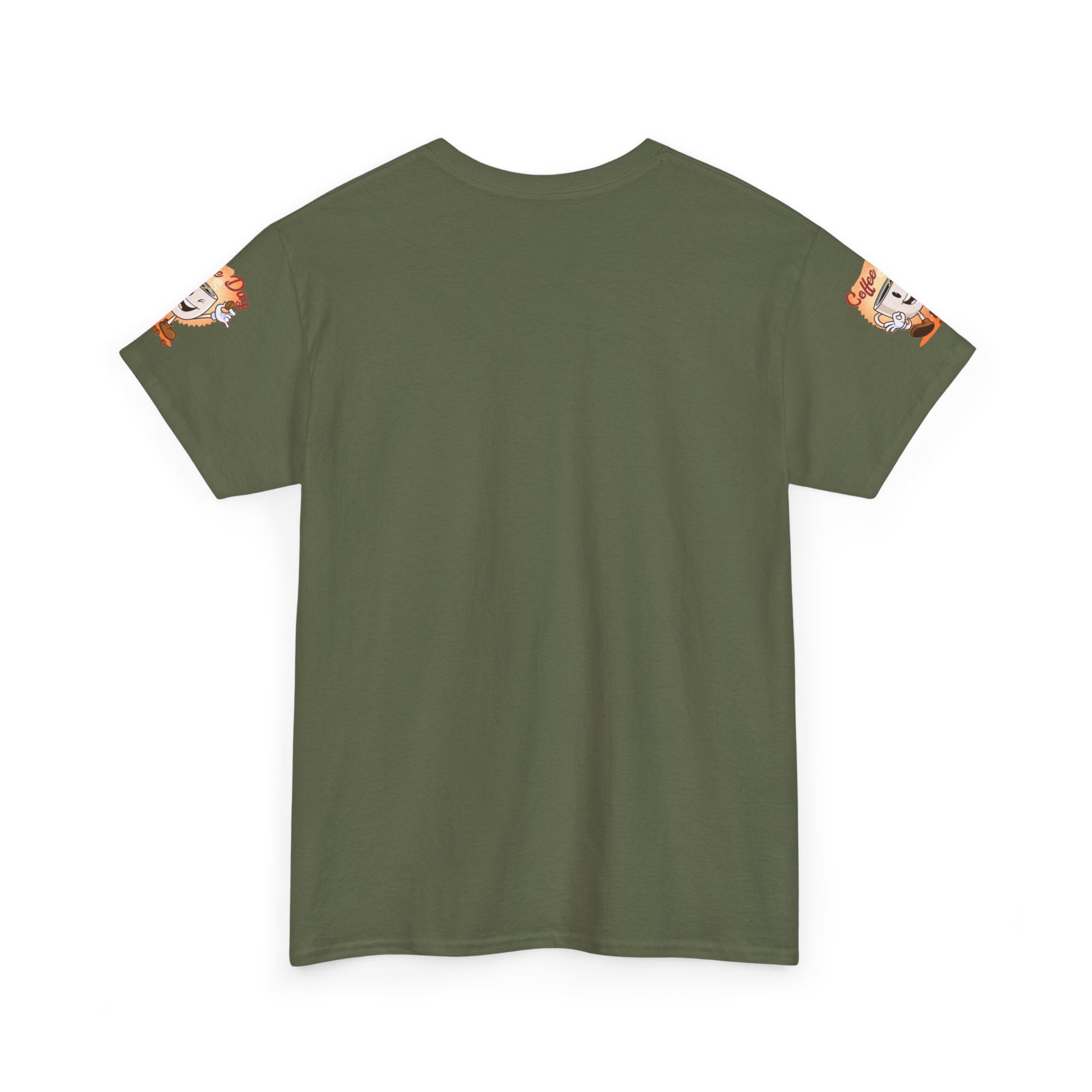 Green t-shirt with cartoon character patches on sleeves against a white background