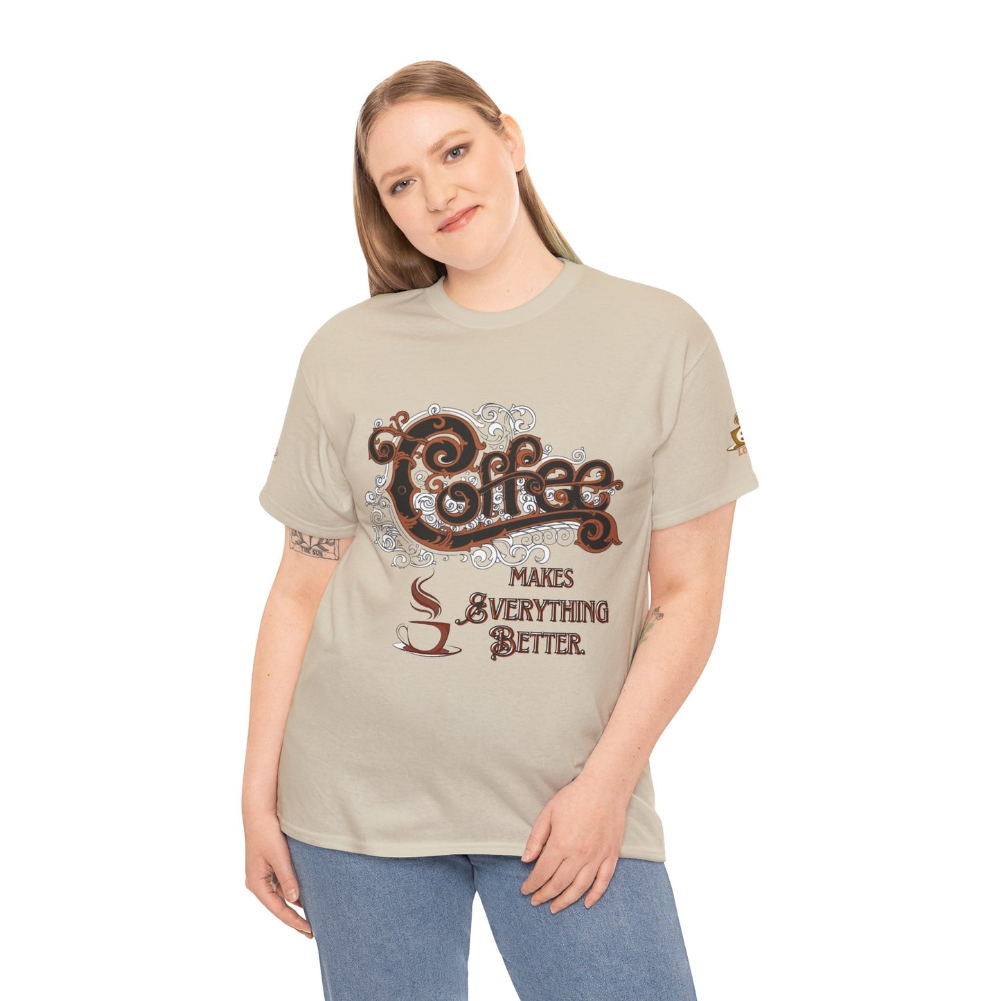 COFFEE LOVERS Cotton Tee - Coffee Makes Everything Better, Woman wearing a beige t-shirt with coffee-themed design on a white background