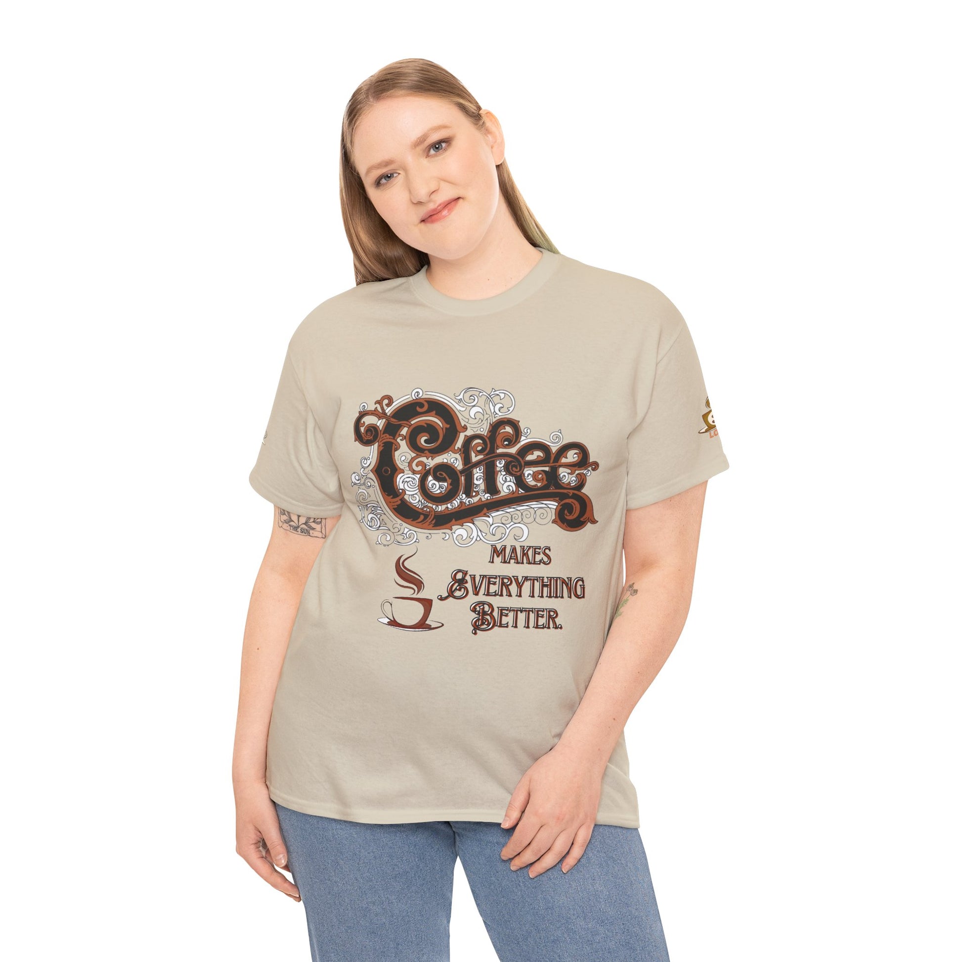 COFFEE LOVERS Cotton Tee - Coffee Makes Everything Better, Woman wearing a beige t-shirt with coffee-themed design on a white background