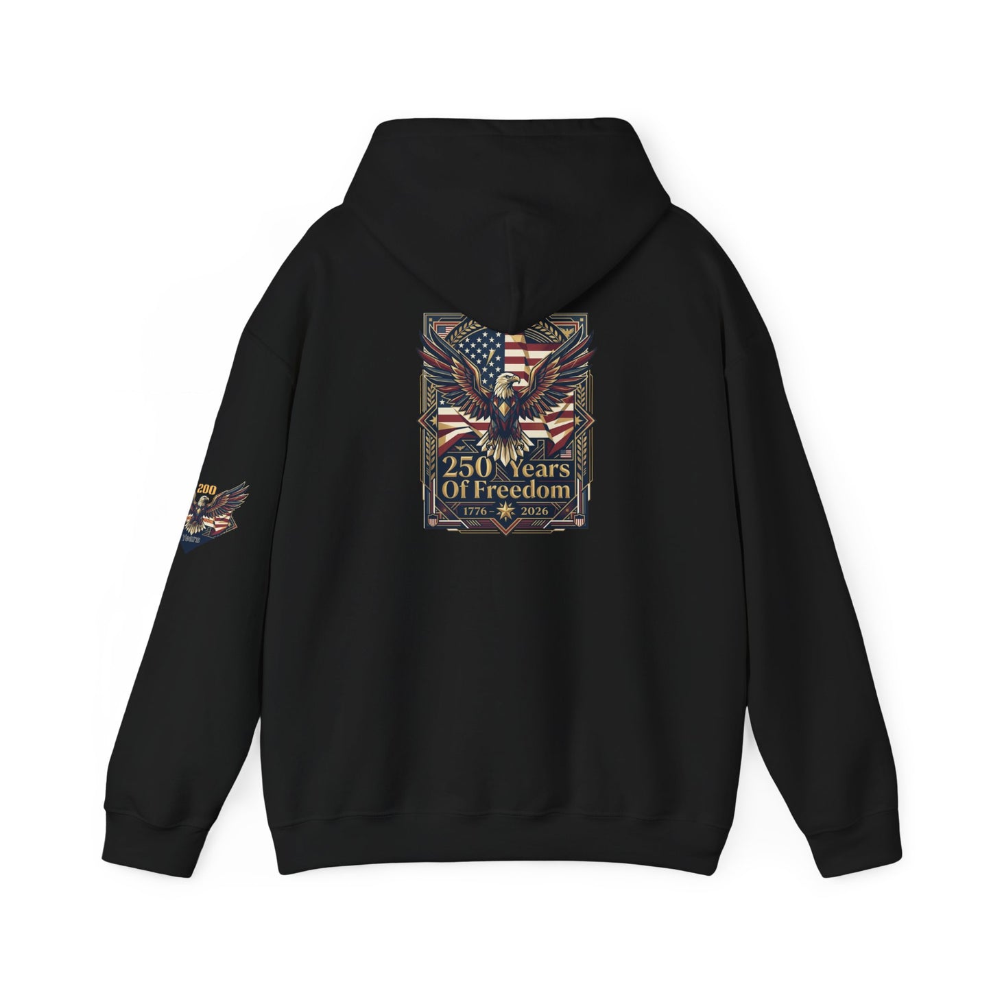 America 250 Years of Freedom Hoodie — USA 250th ANNIVERSARY Patriotic Hoodie, Black hoodie with white text and graphics on a white background.