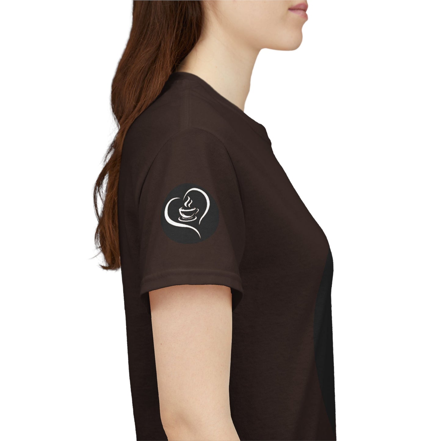 Coffee Lovers Ladies Tee - COFFEE and FRIENDS the Perfect Blend, Person wearing a brown t-shirt with a logo on the sleeve against a white background