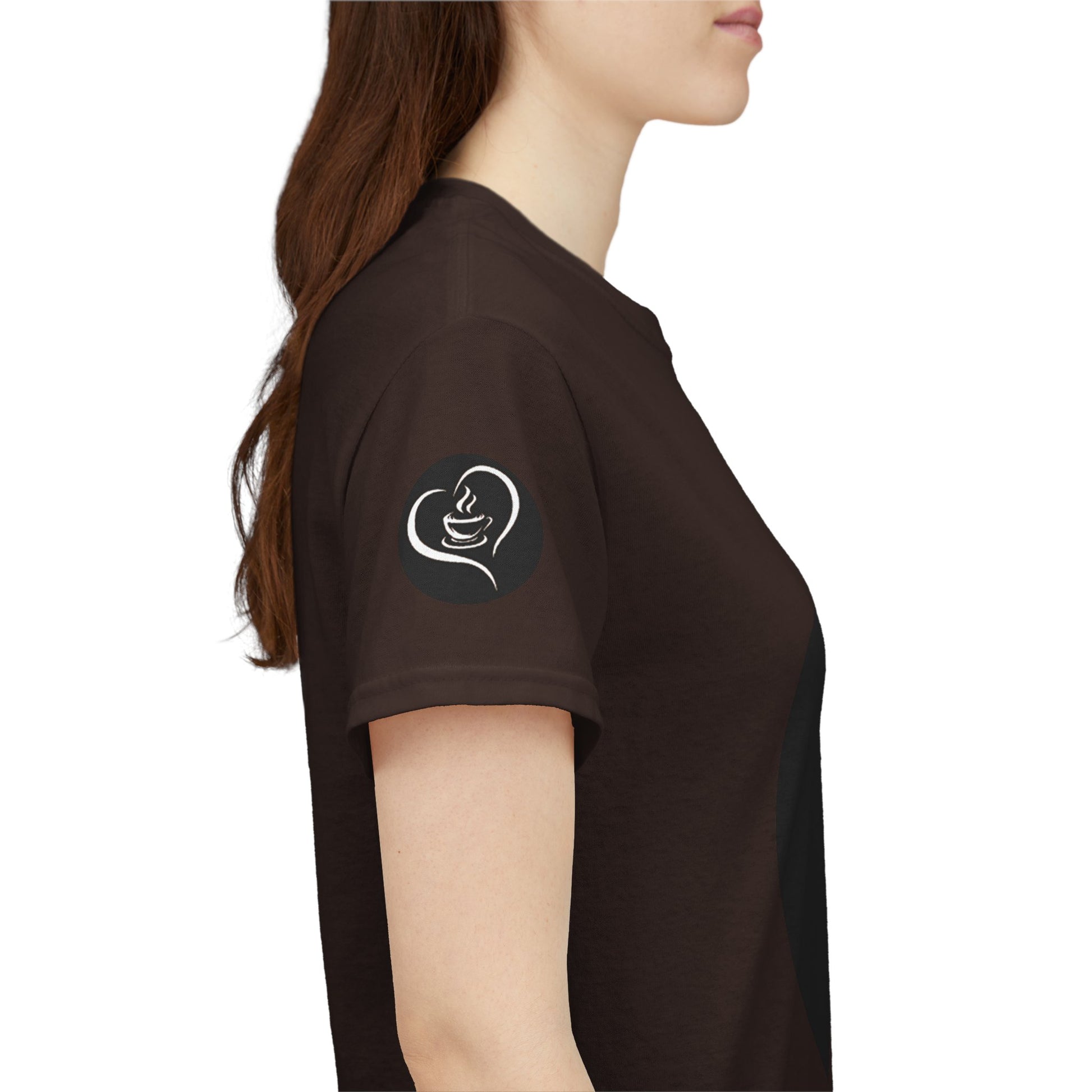 Coffee Lovers Ladies Tee - COFFEE and FRIENDS the Perfect Blend, Person wearing a brown t-shirt with a logo on the sleeve against a white background