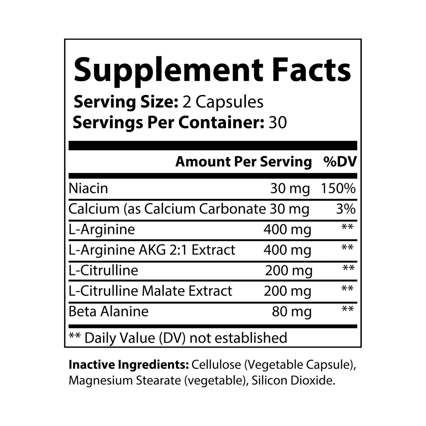 L-Arginine Supplement facts label with detailed nutritional information on a white background 