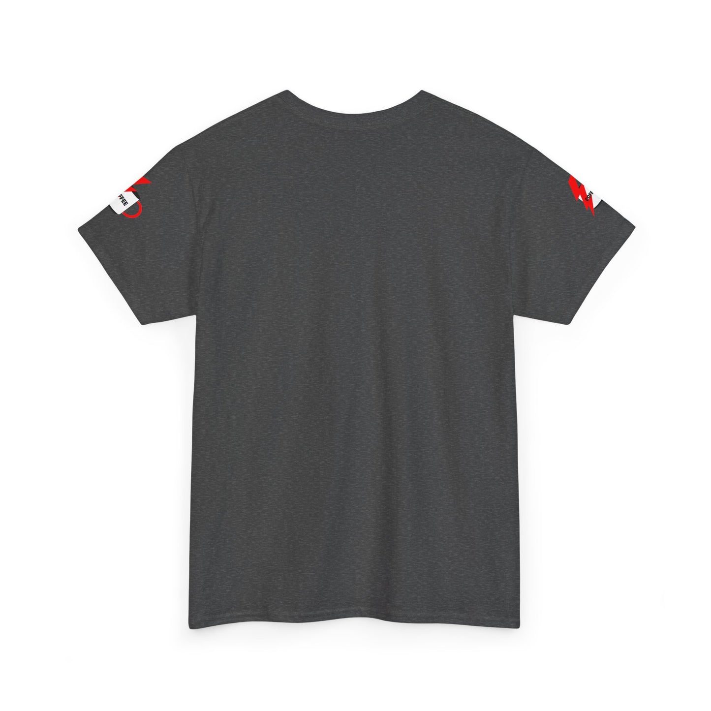Coffee Lovers Cotton T-shirt - Powered by Coffee. Gray t-shirt with red accents on sleeves on a white background