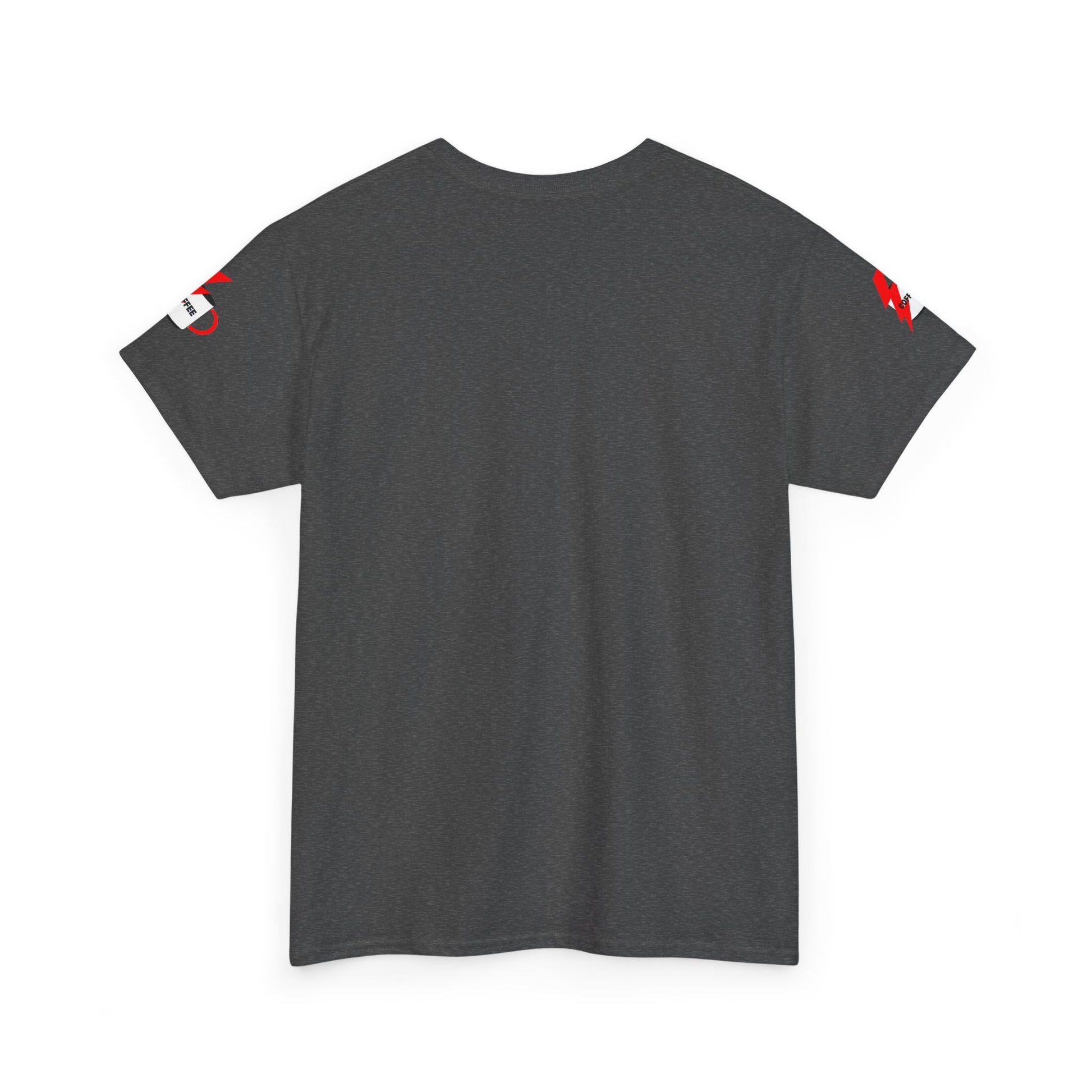 Coffee Lovers Cotton T-shirt - Powered by Coffee. Gray t-shirt with red accents on sleeves on a white background