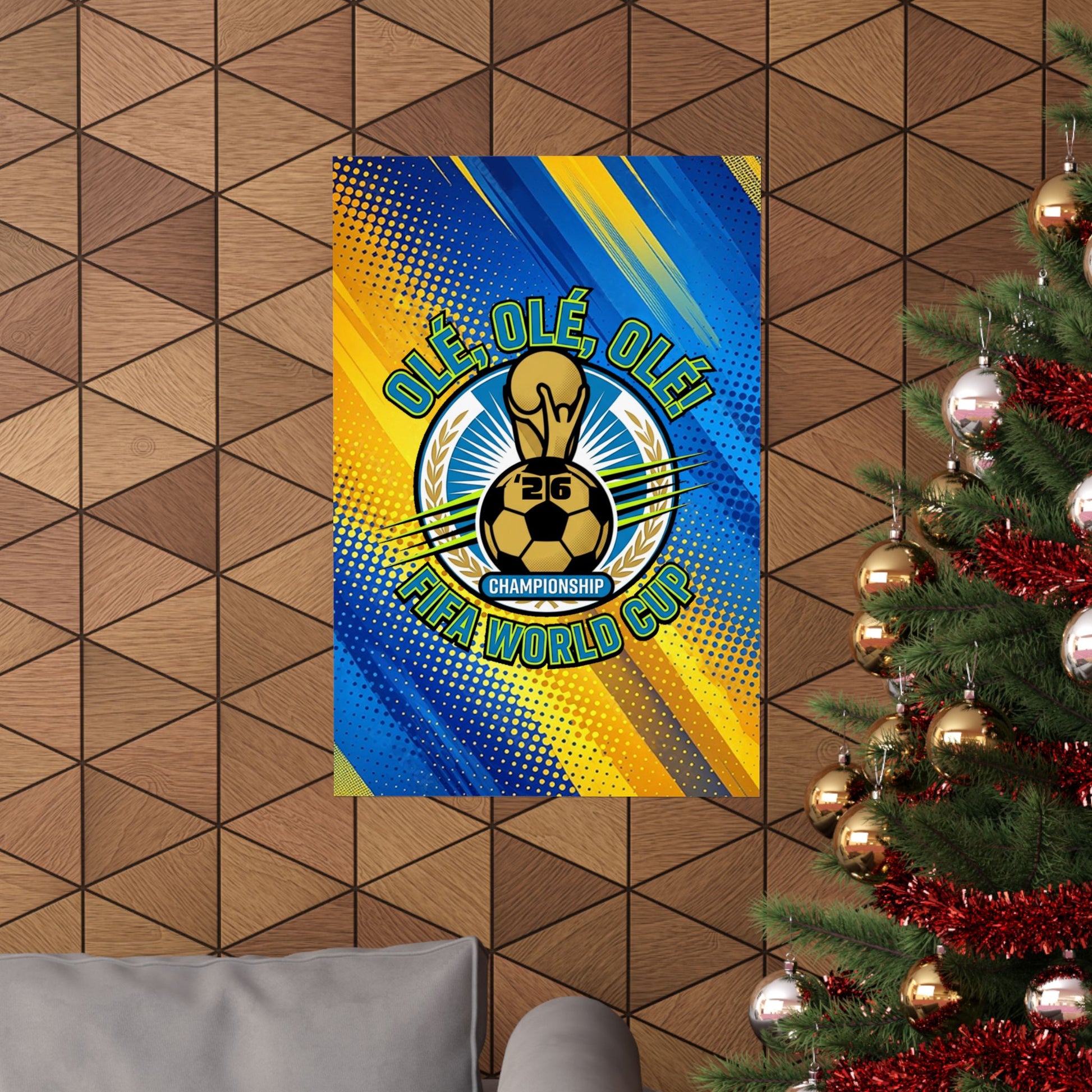 FIFA World Cup championship poster on a wooden wall with a decorated Christmas tree.