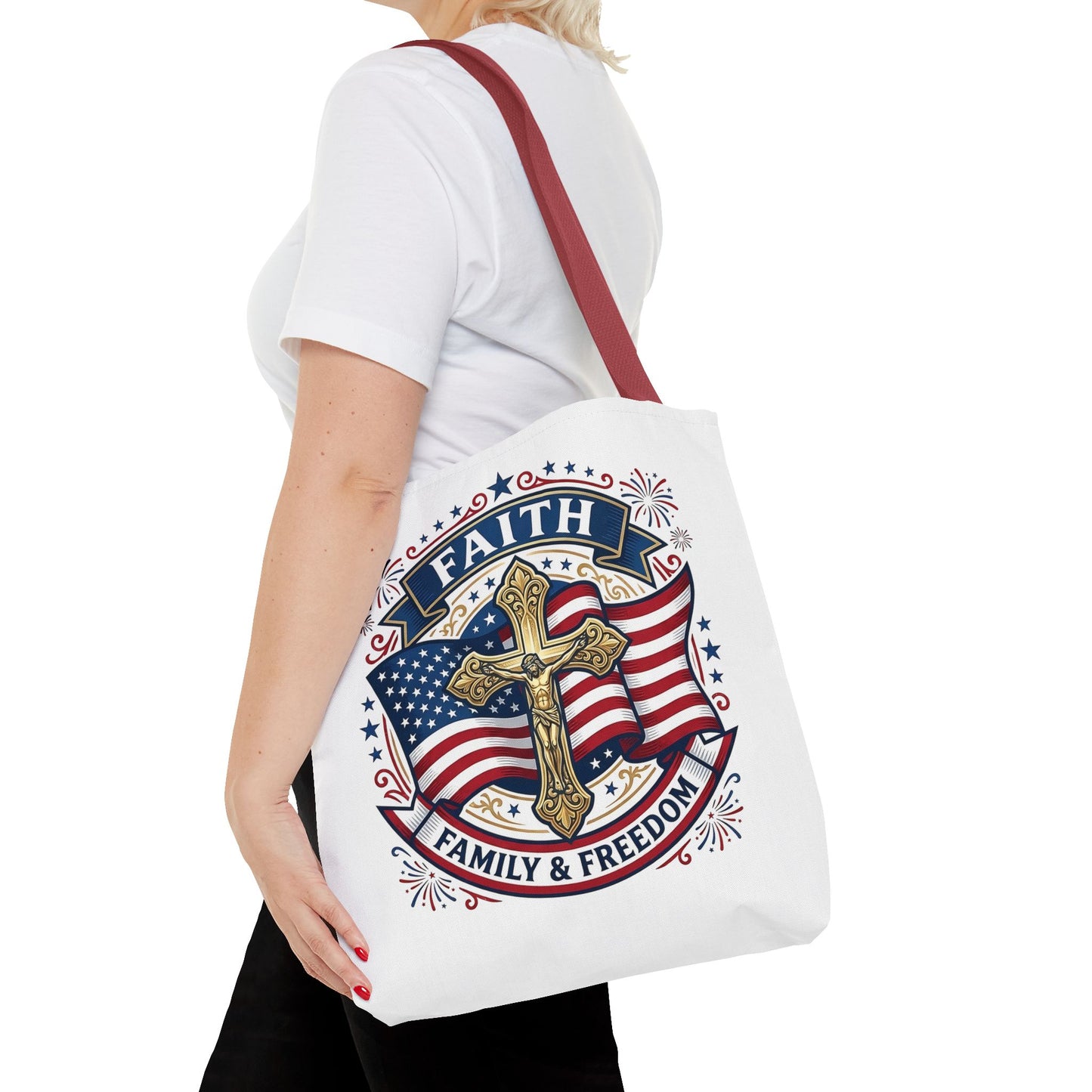 Faith, Family & Freedom Tote Bag — Patriotic Cross American Flag Tote (USA 250th)