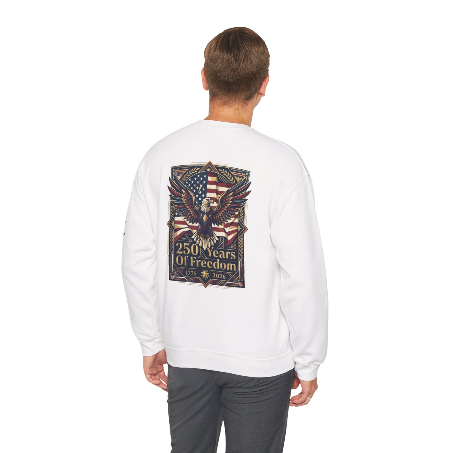 USA 250th ANNIVERSARY Crewneck Sweatshirt , Person wearing a white sweatshirt with a colorful graphic on the back against a white background