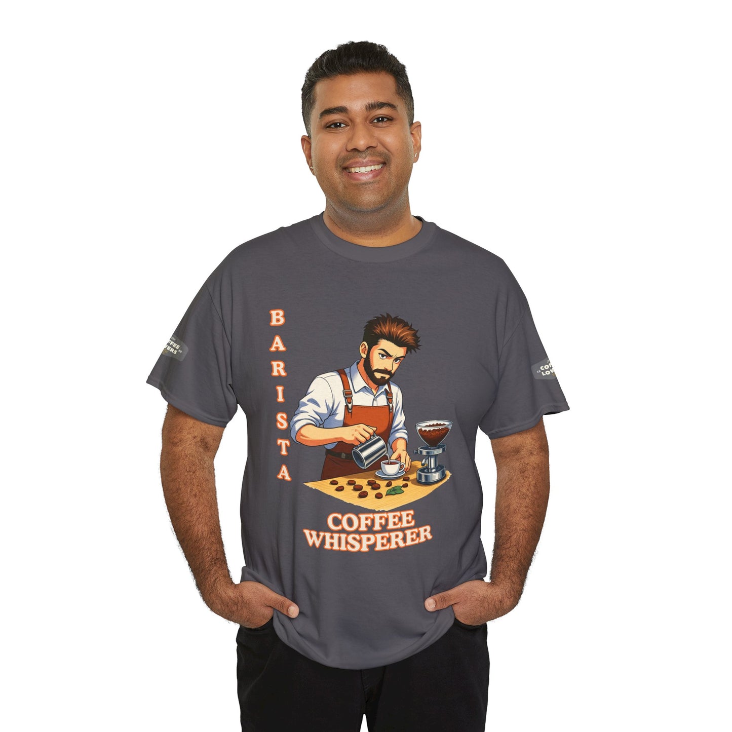 Coffee Lovers Cotton Tee for Male Barista,  Man wearing a gray t-shirt with a barista graphic and text on a white background