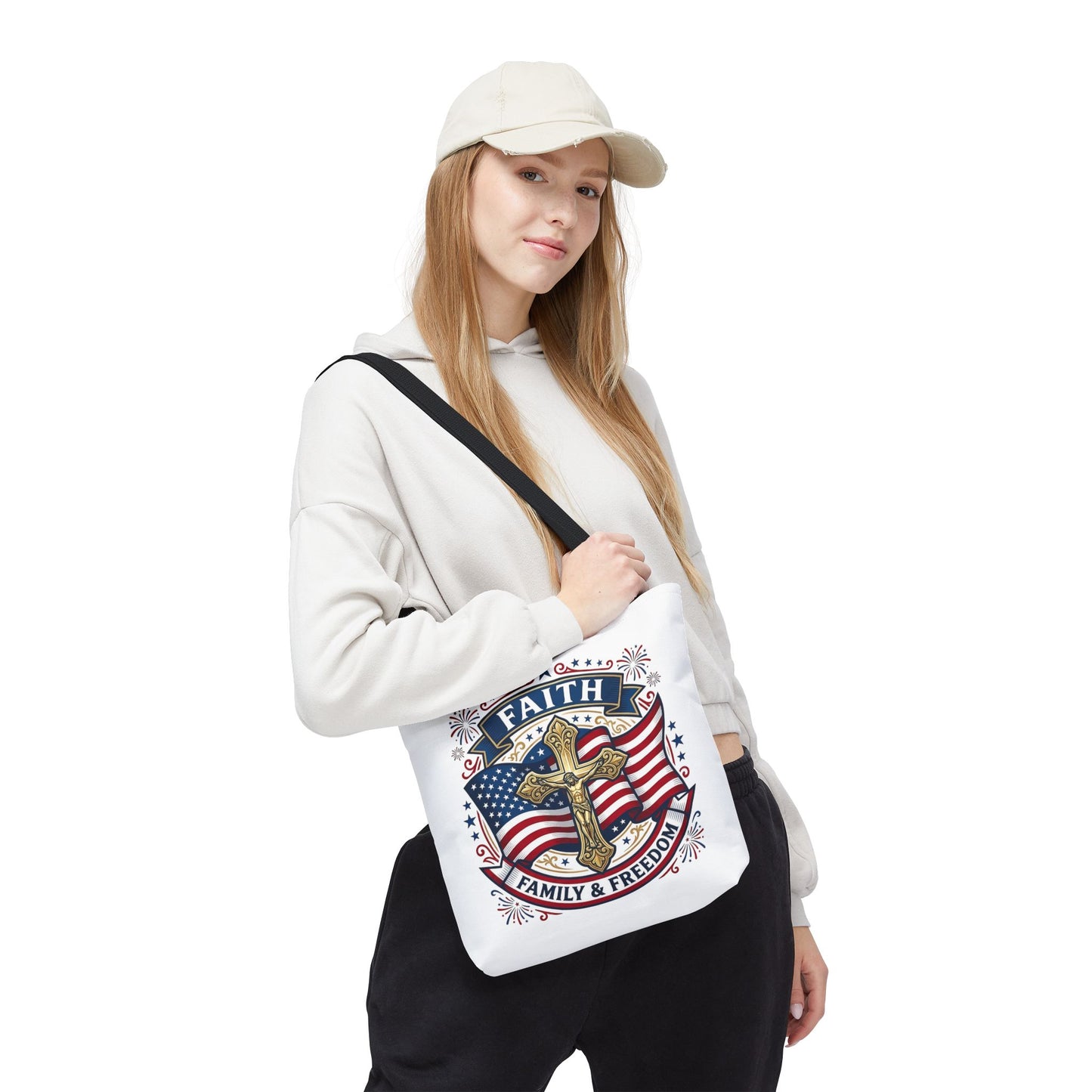 Faith, Family & Freedom Tote Bag — Patriotic Cross American Flag Tote (USA 250th)