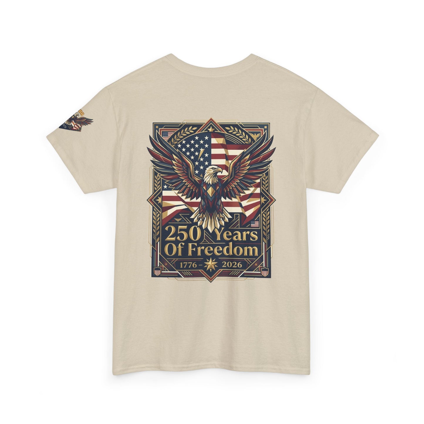 250 Years of Freedom Eagle T-Shirt, Beige t-shirt with an eagle and American flag design on a white background