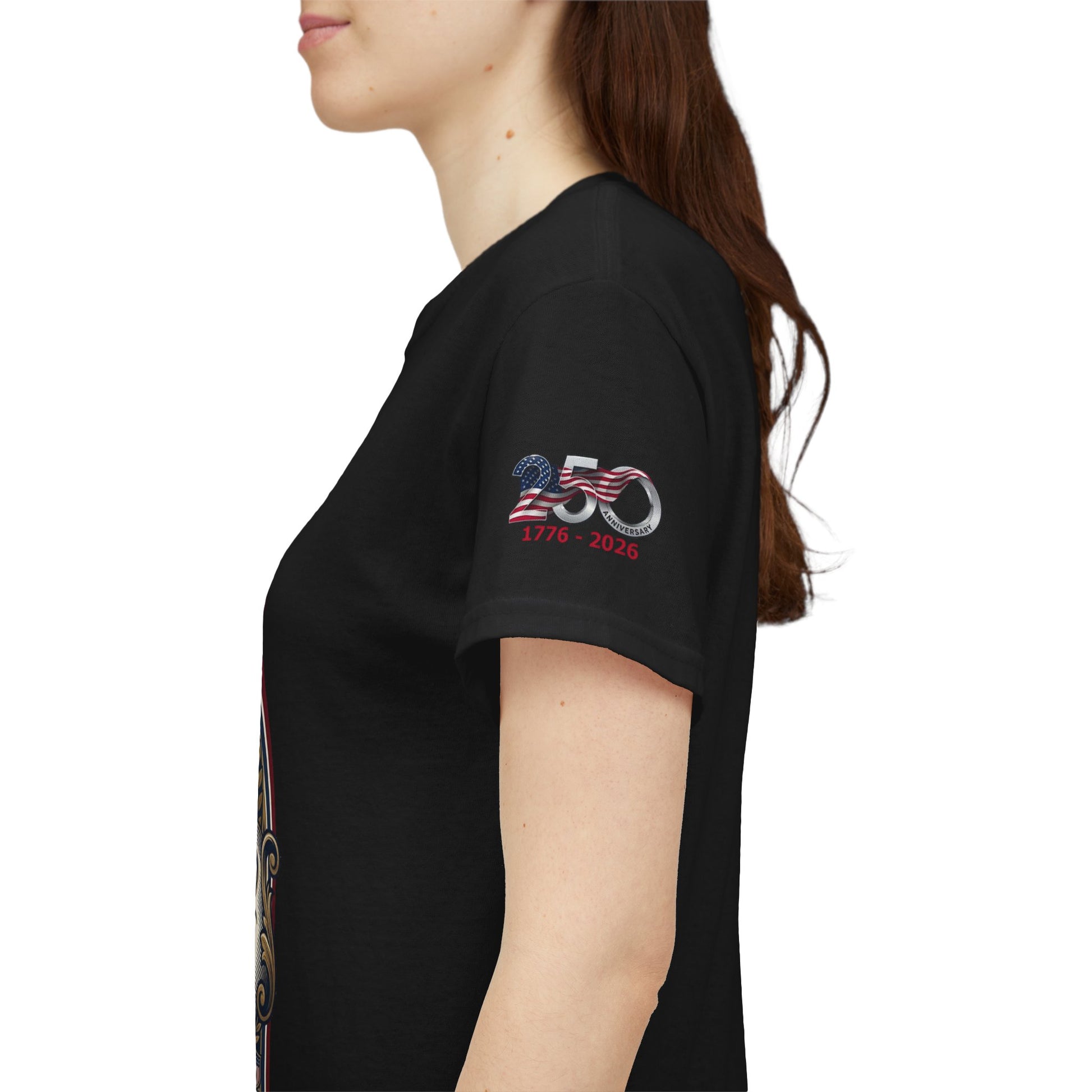 250 Years of Freedom T-Shirt — USA 250TH Anniversary Patriotic Eagle Tee, Person wearing a black t-shirt with a graphic design on the sleeve against a white background