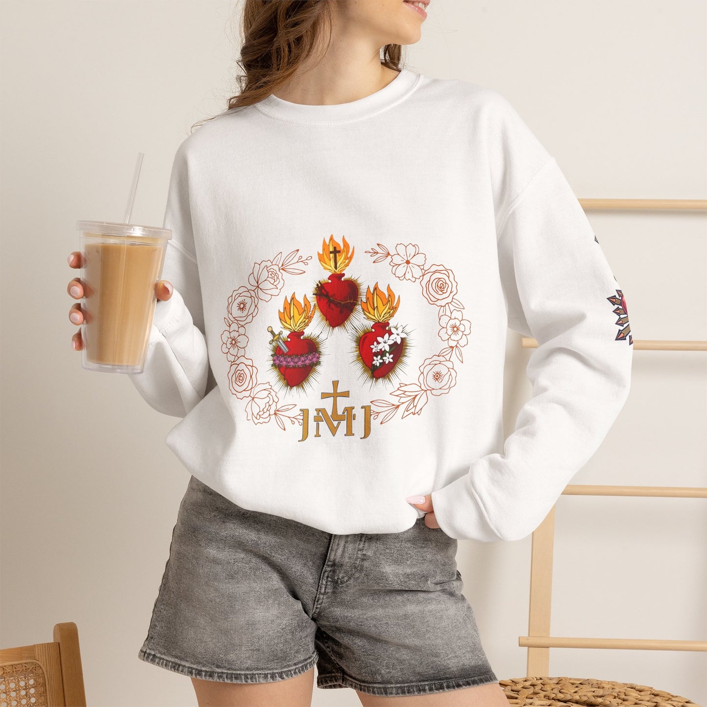 Sacred Hearts Crewneck Sweatshirt — Three Flaming Hearts with JMJ Cross (CT)