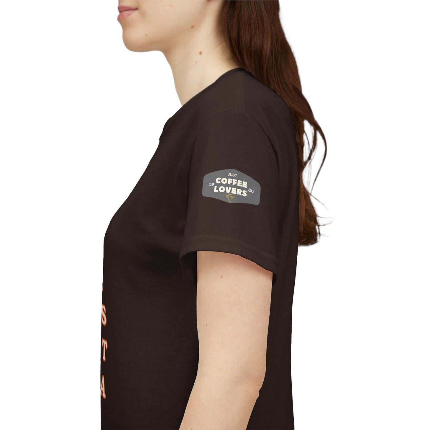Coffee Lovers Cotton Tee for Female Barista, Person wearing a brown t-shirt with a logo on the sleeve against a white background