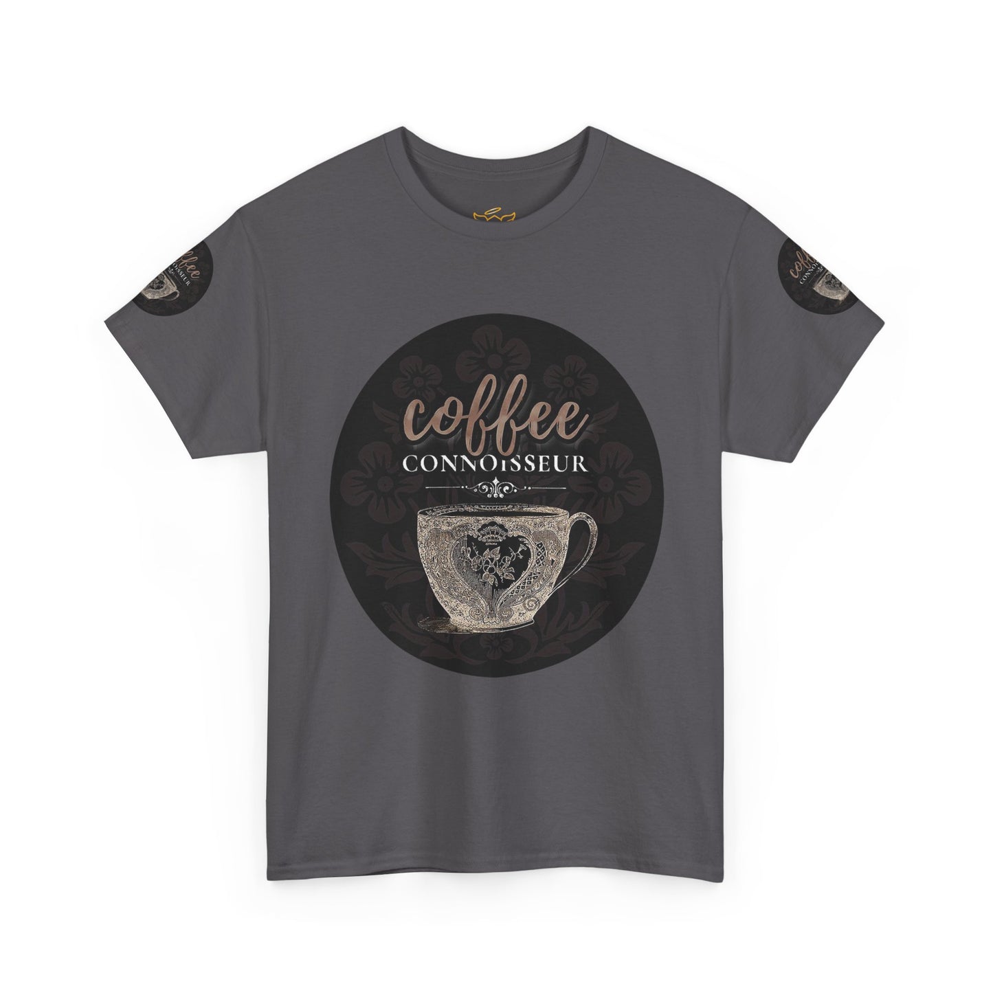 COFFEE LOVERS COTTON TEES For Connoisseurs,  Gray t-shirt with 'coffee connoisseur' graphic on a white background