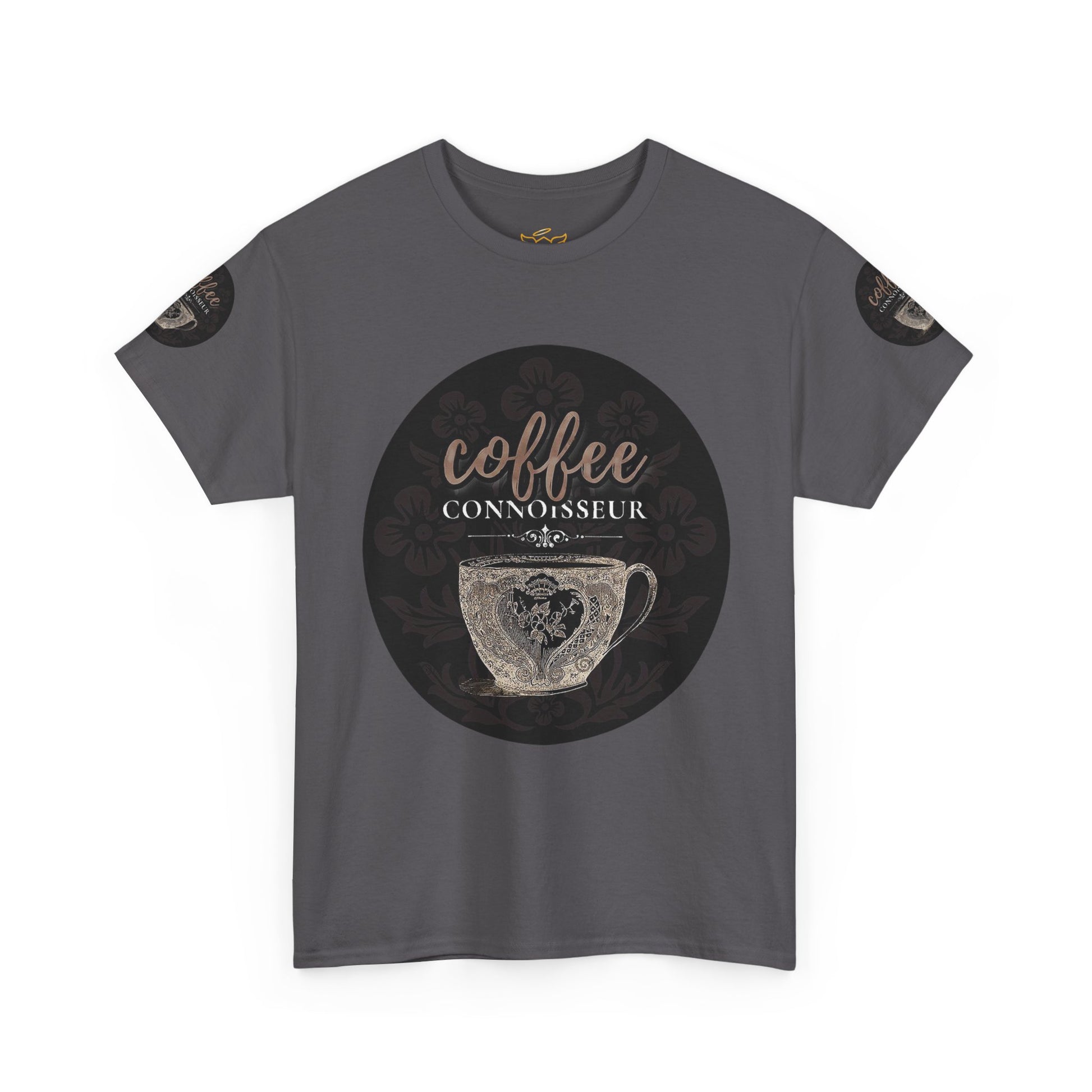 COFFEE LOVERS COTTON TEES For Connoisseurs,  Gray t-shirt with 'coffee connoisseur' graphic on a white background