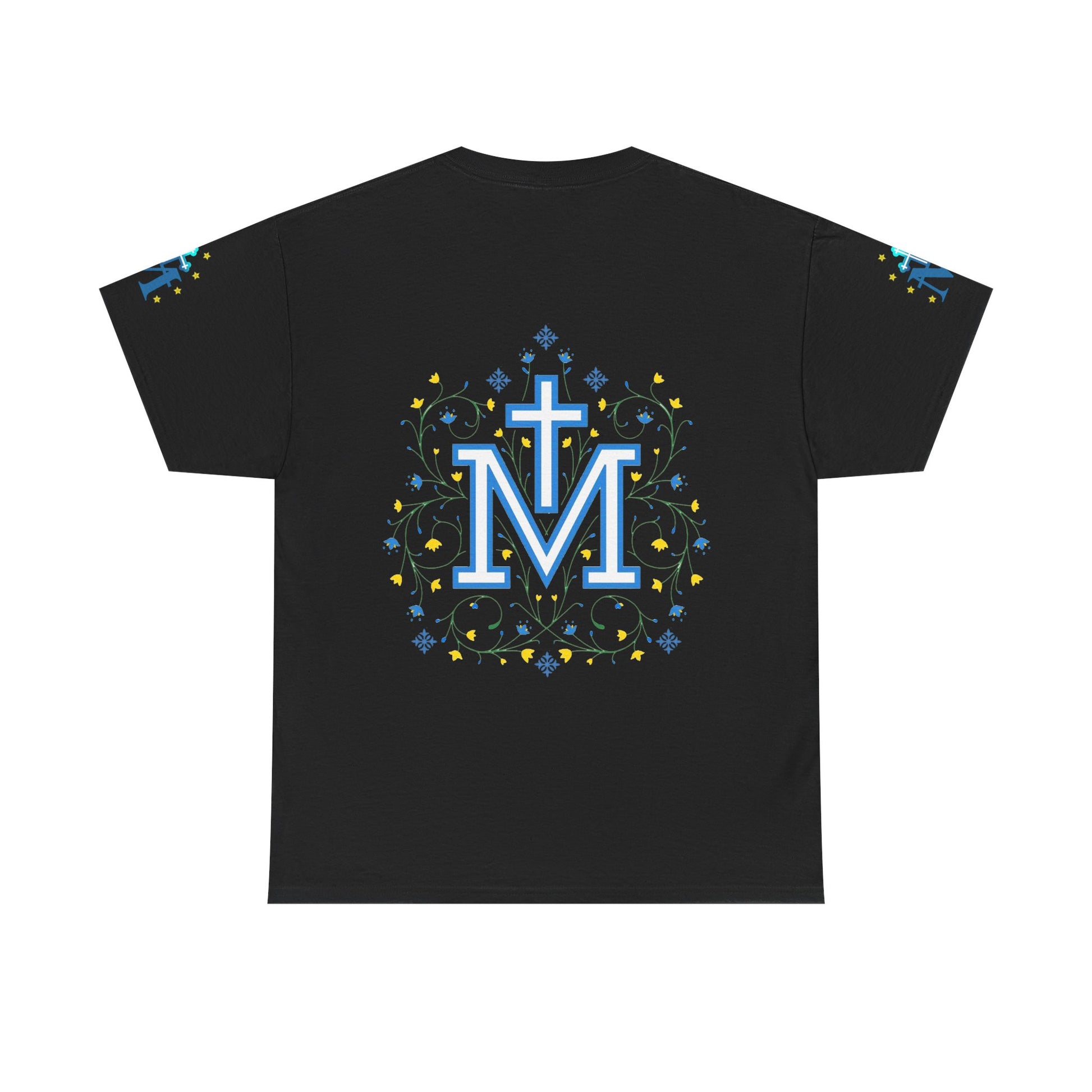 Marian Symbol T-shirt Unisex Heavy Cotton Tee, Black t-shirt with decorative design featuring a cross and 'Marian symbol' on a white background