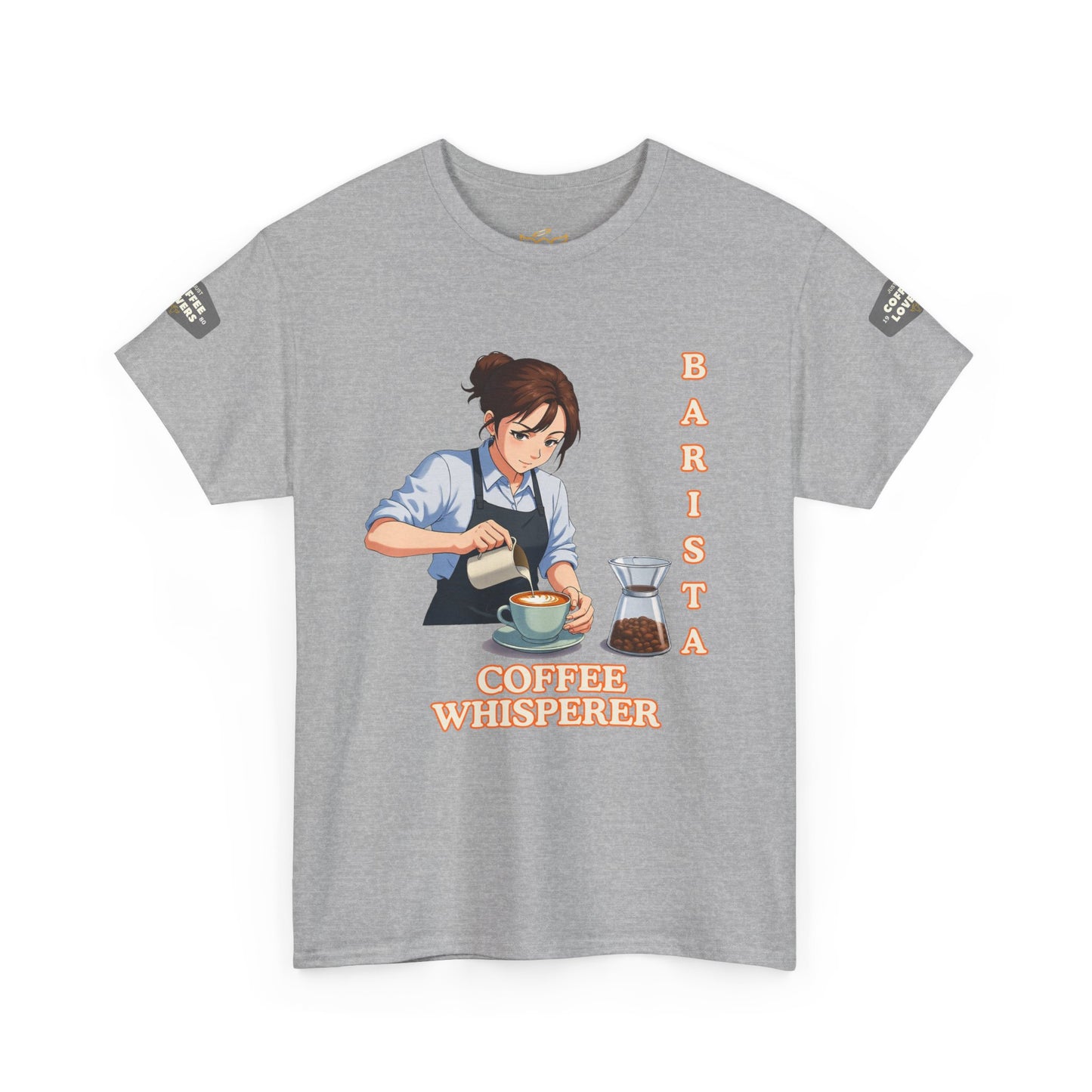 Coffee Lovers Cotton Tee for Female Barista,  Gray t-shirt with a graphic of a barista and text 'Barista Whisperer Coffee Whisperer' on a white background