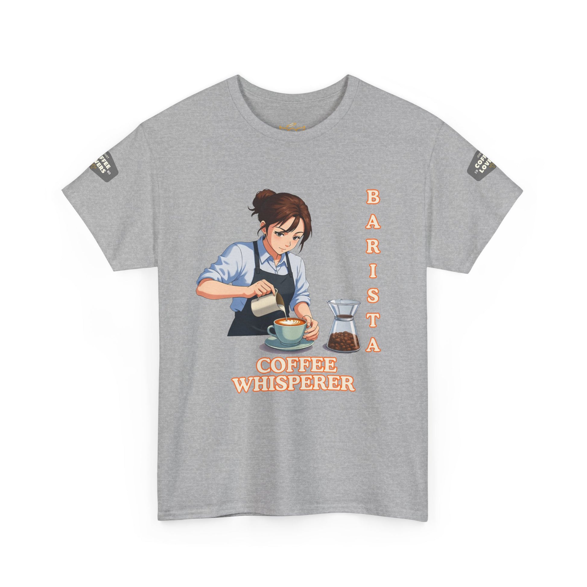 Coffee Lovers Cotton Tee for Female Barista,  Gray t-shirt with a graphic of a barista and text 'Barista Whisperer Coffee Whisperer' on a white background