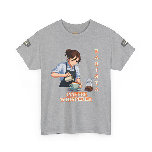 Coffee Lovers Cotton Tee for Female Barista,  Gray t-shirt with a graphic of a barista and text 'Barista Whisperer Coffee Whisperer' on a white background