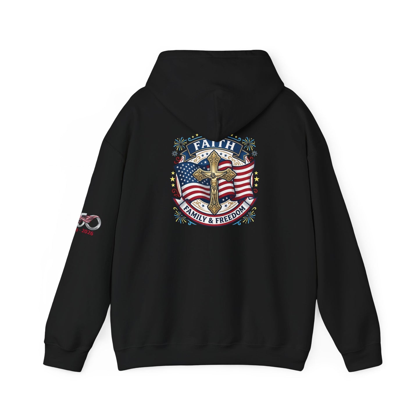 Catholic Faith, Family & Freedom Hoodie — American Flag Cross Patriotic Pullover (USA 250th)