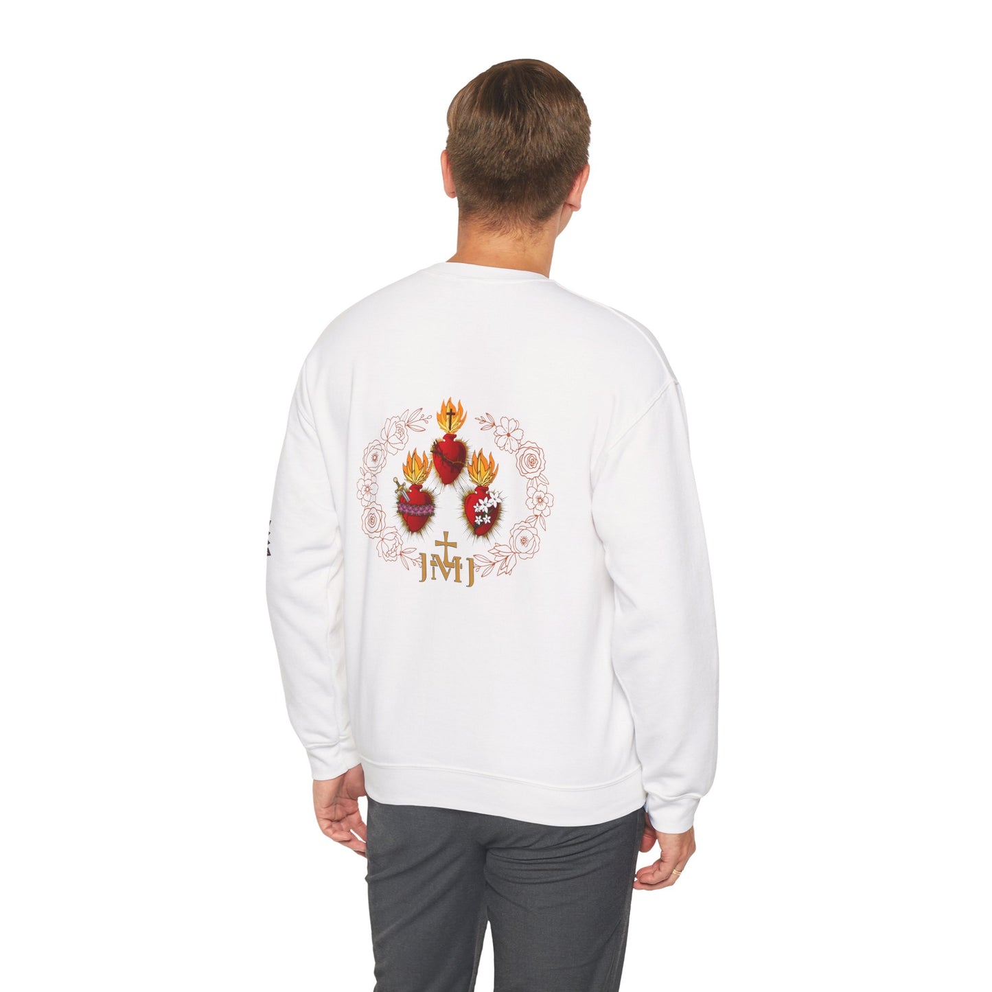 Sacred Hearts Crewneck Sweatshirt — Three Flaming Hearts with JMJ Cross (CT)